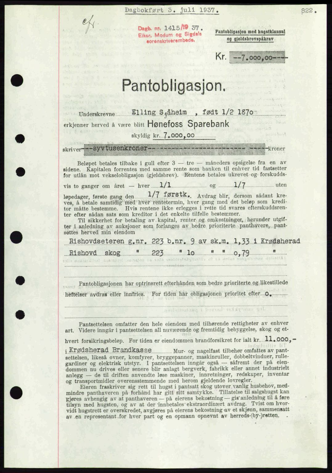 Eiker, Modum og Sigdal sorenskriveri, SAKO/A-123/G/Ga/Gab/L0035: Mortgage book no. A5, 1937-1937, Diary no: : 1415/1937
