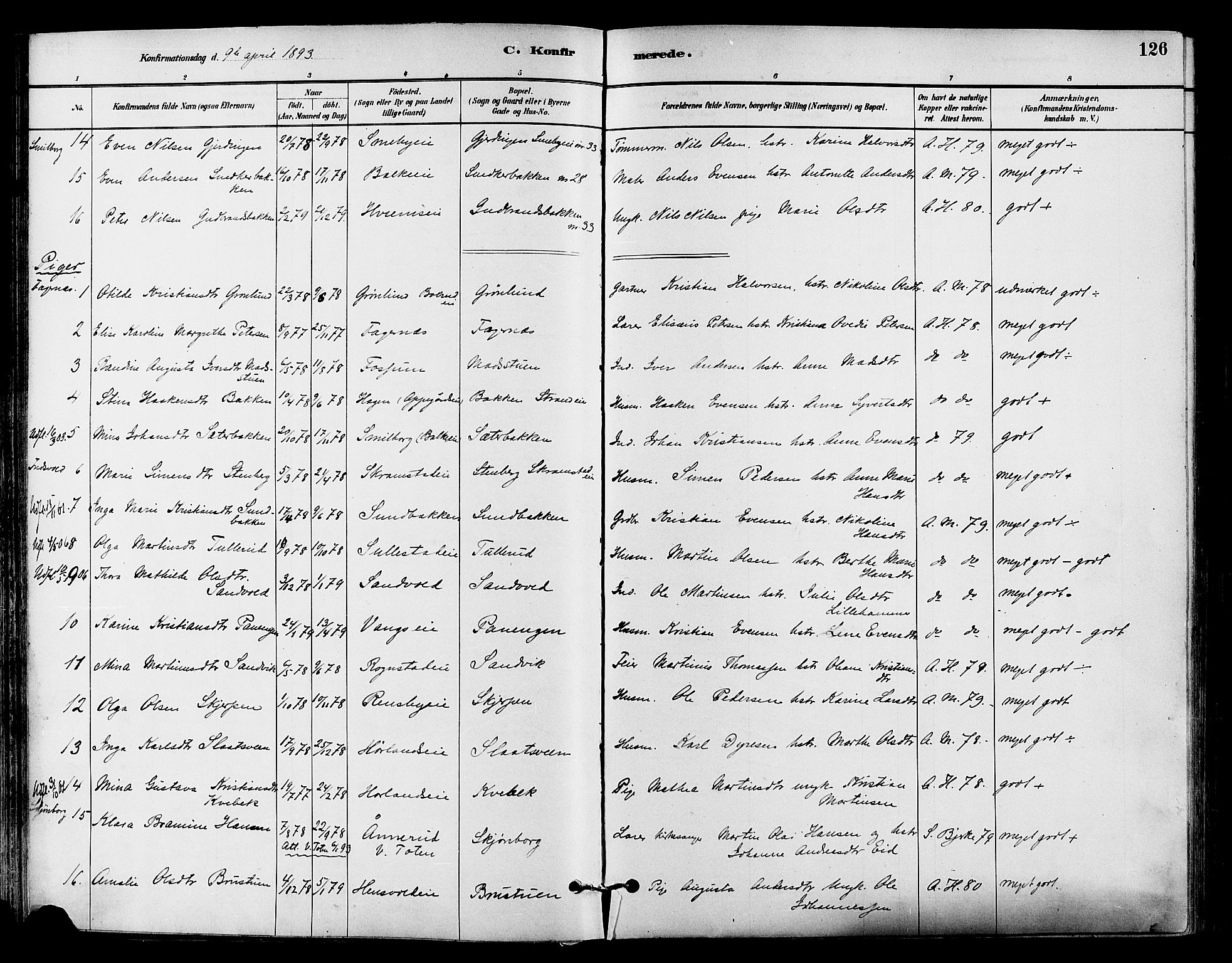Østre Toten prestekontor, SAH/PREST-104/H/Ha/Haa/L0007: Parish register (official) no. 7, 1881-1896, p. 126
