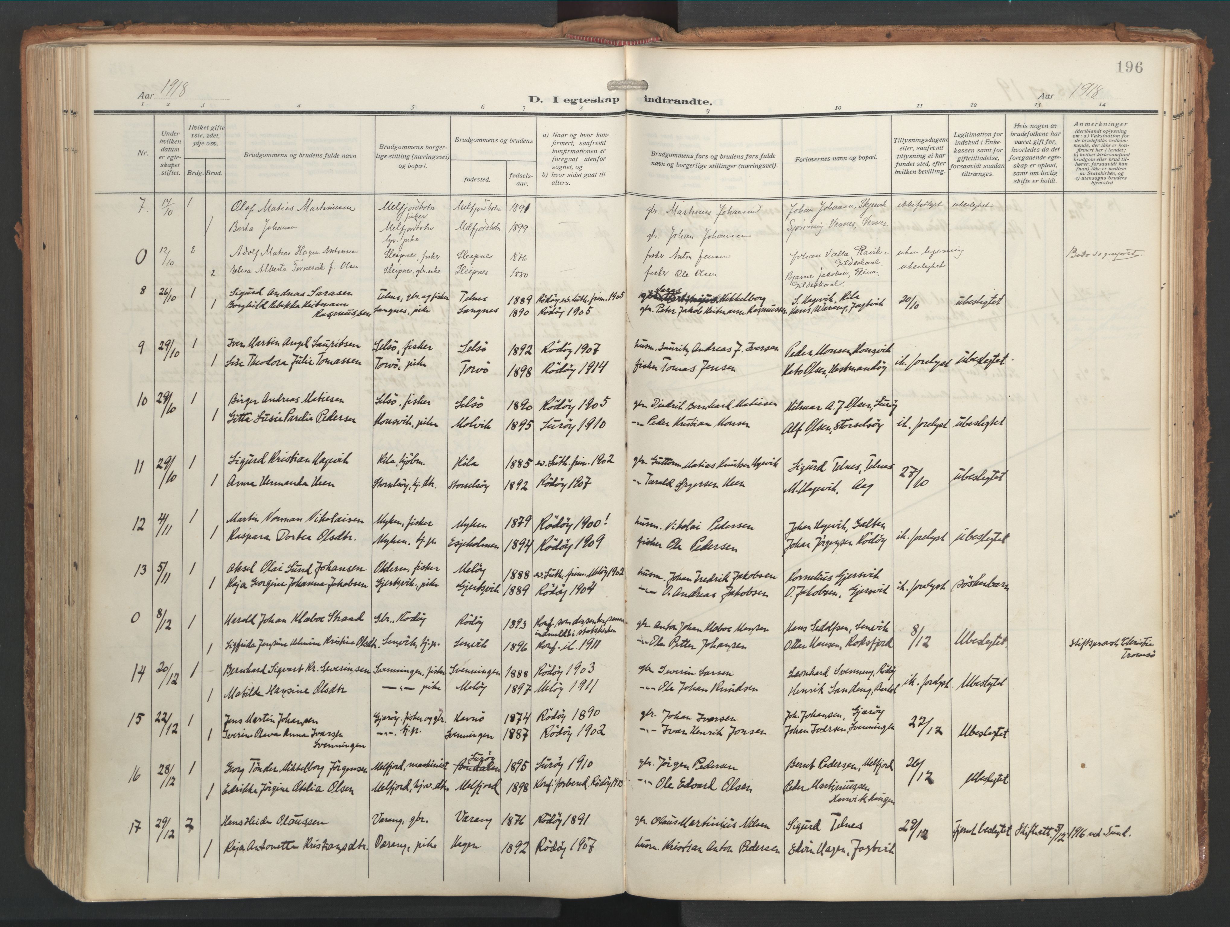 Ministerialprotokoller, klokkerbøker og fødselsregistre - Nordland, AV/SAT-A-1459/841/L0614: Parish register (official) no. 841A17, 1911-1925, p. 196