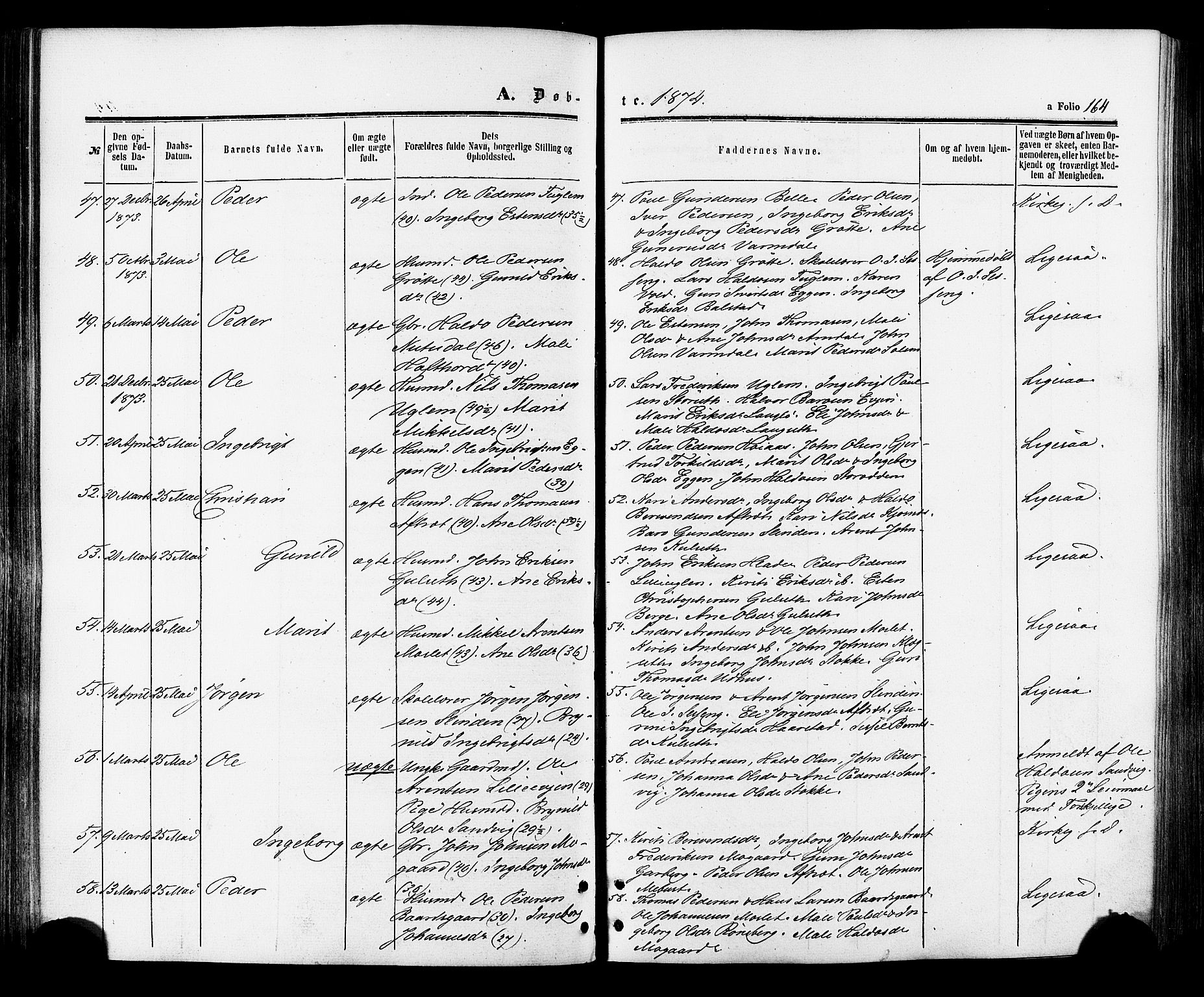 Ministerialprotokoller, klokkerbøker og fødselsregistre - Sør-Trøndelag, SAT/A-1456/695/L1147: Parish register (official) no. 695A07, 1860-1877, p. 164