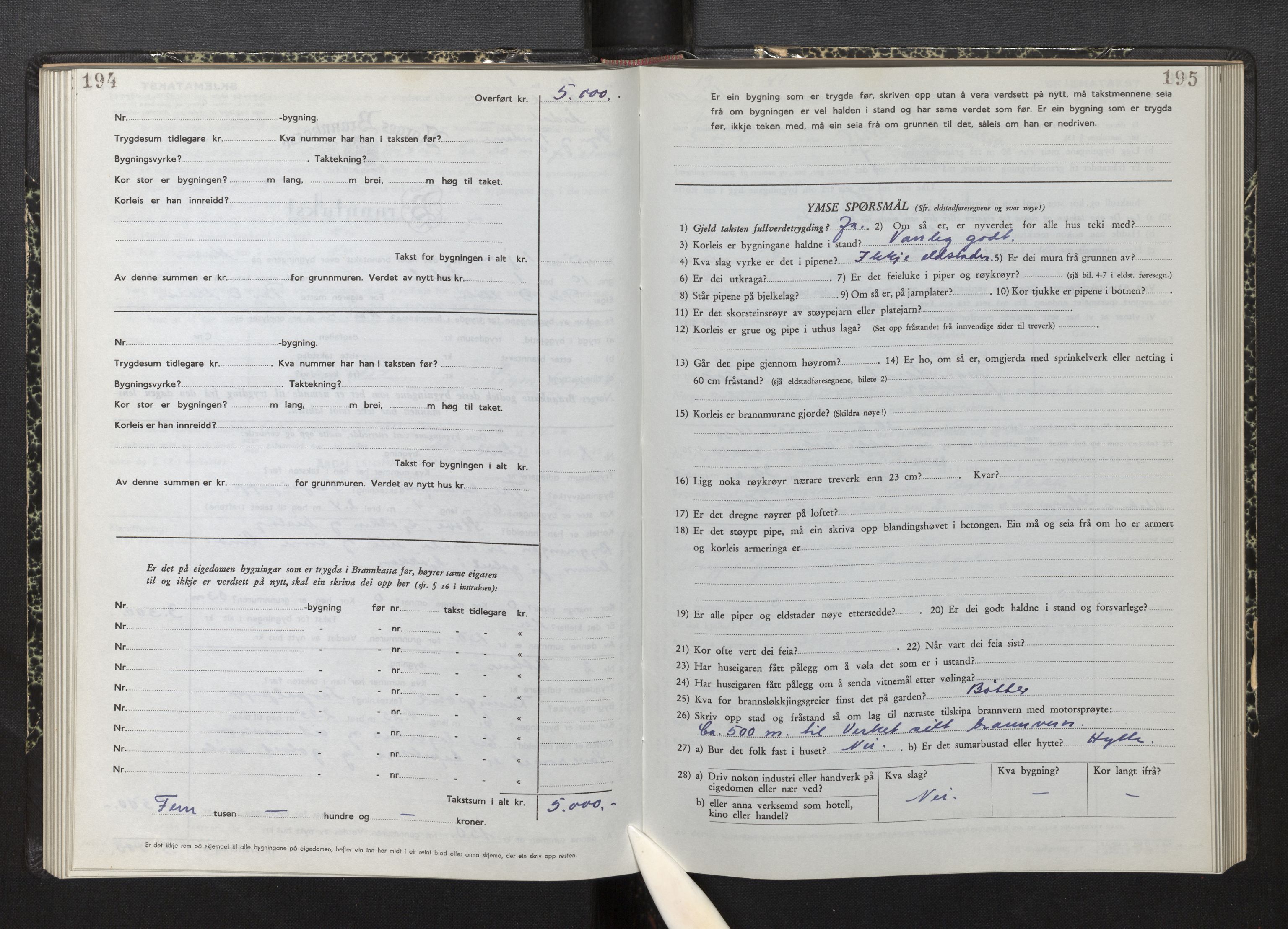 Lensmannen i Årdal, AV/SAB-A-30501/0012/L0012: Branntakstprotokoll, skjematakst, 1949-1955, p. 194-195