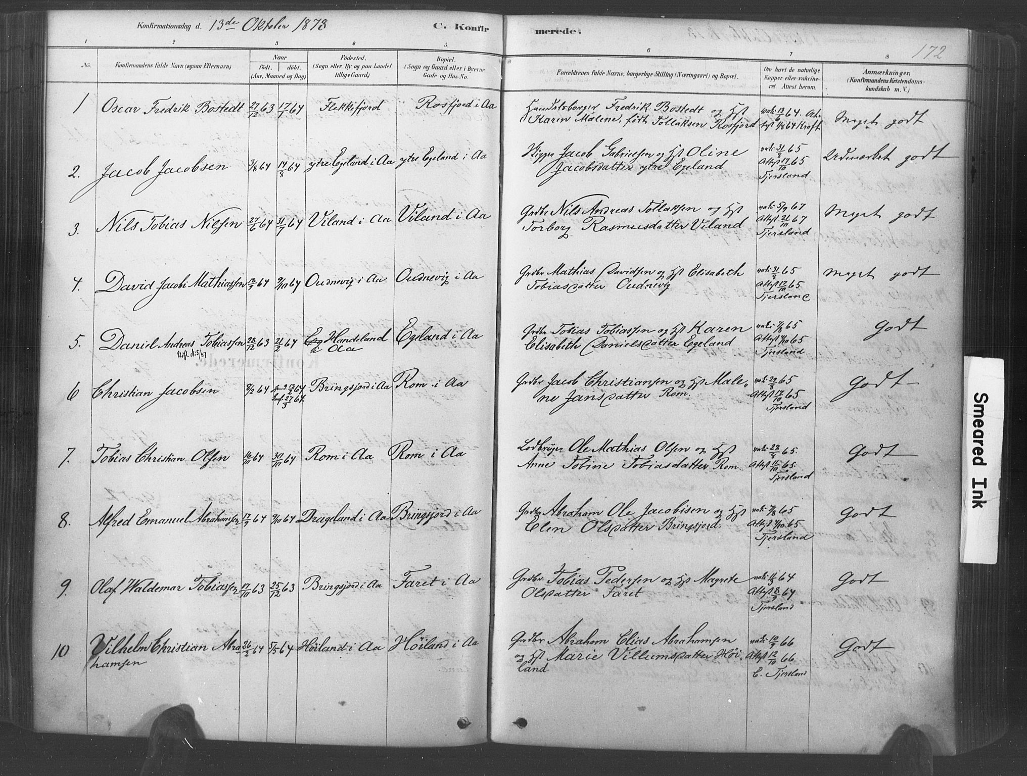 Lyngdal sokneprestkontor, AV/SAK-1111-0029/F/Fa/Fac/L0011: Parish register (official) no. A 11, 1878-1893, p. 172