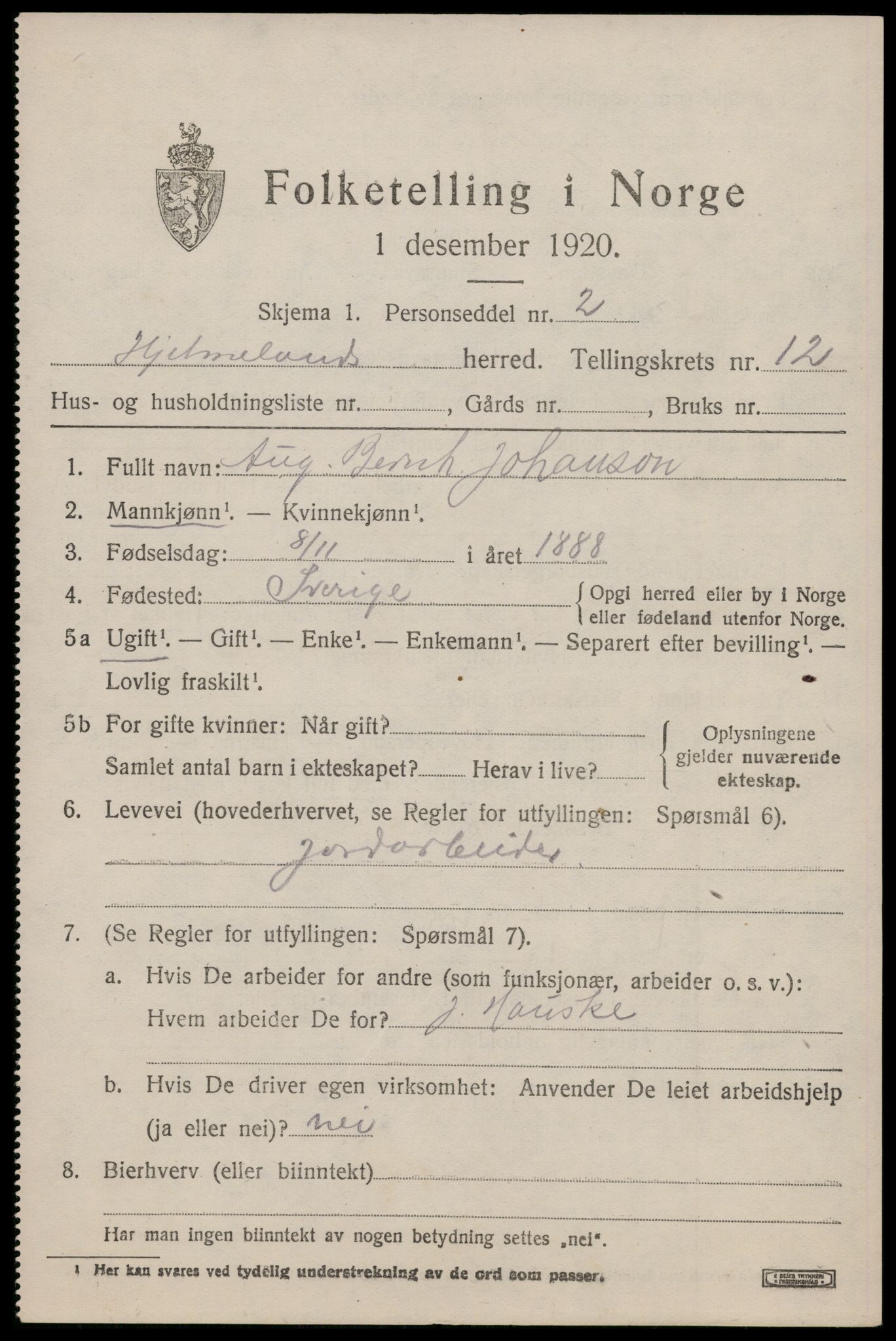 SAST, 1920 census for Hjelmeland, 1920, p. 4129