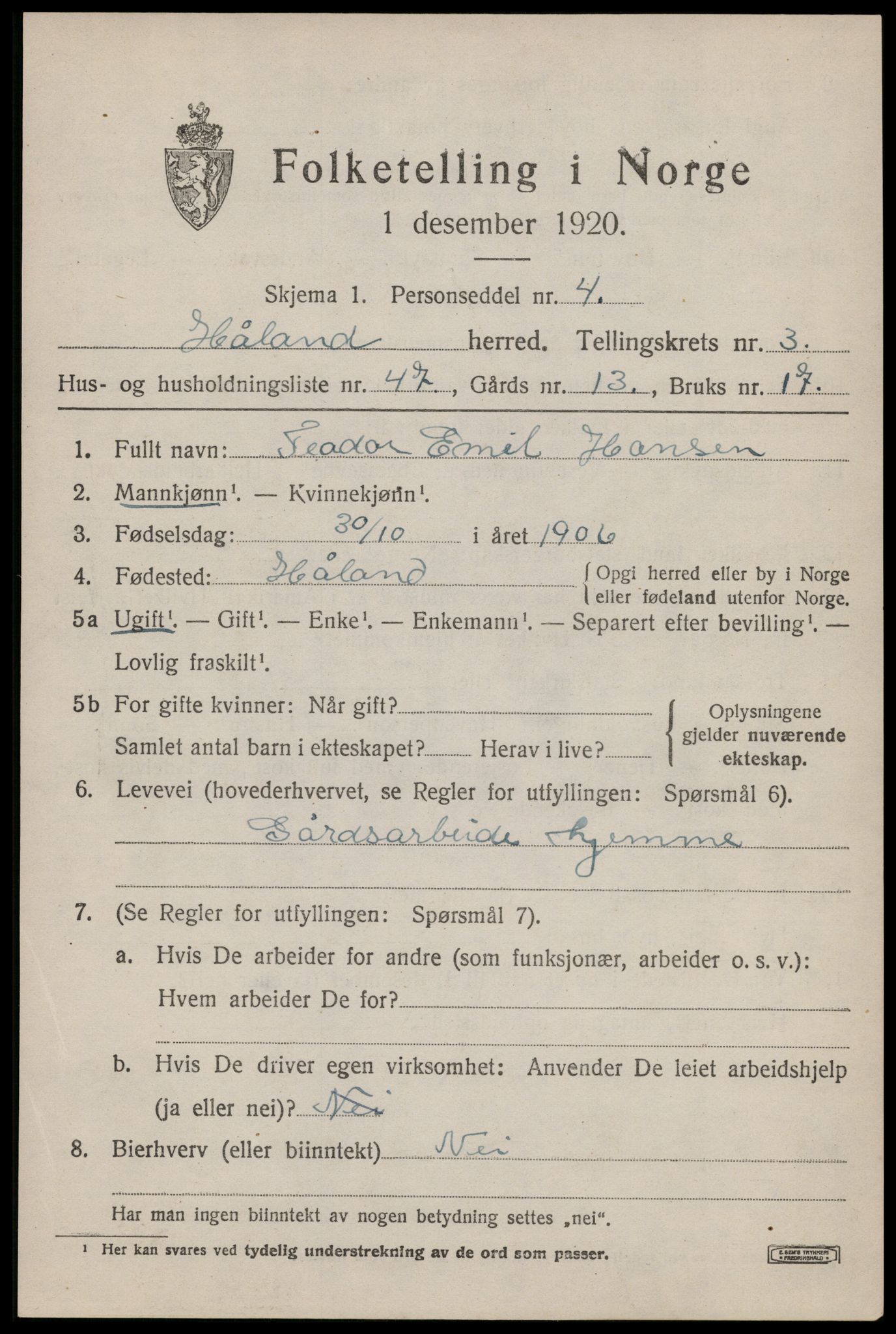 SAST, 1920 census for Håland, 1920, p. 3439