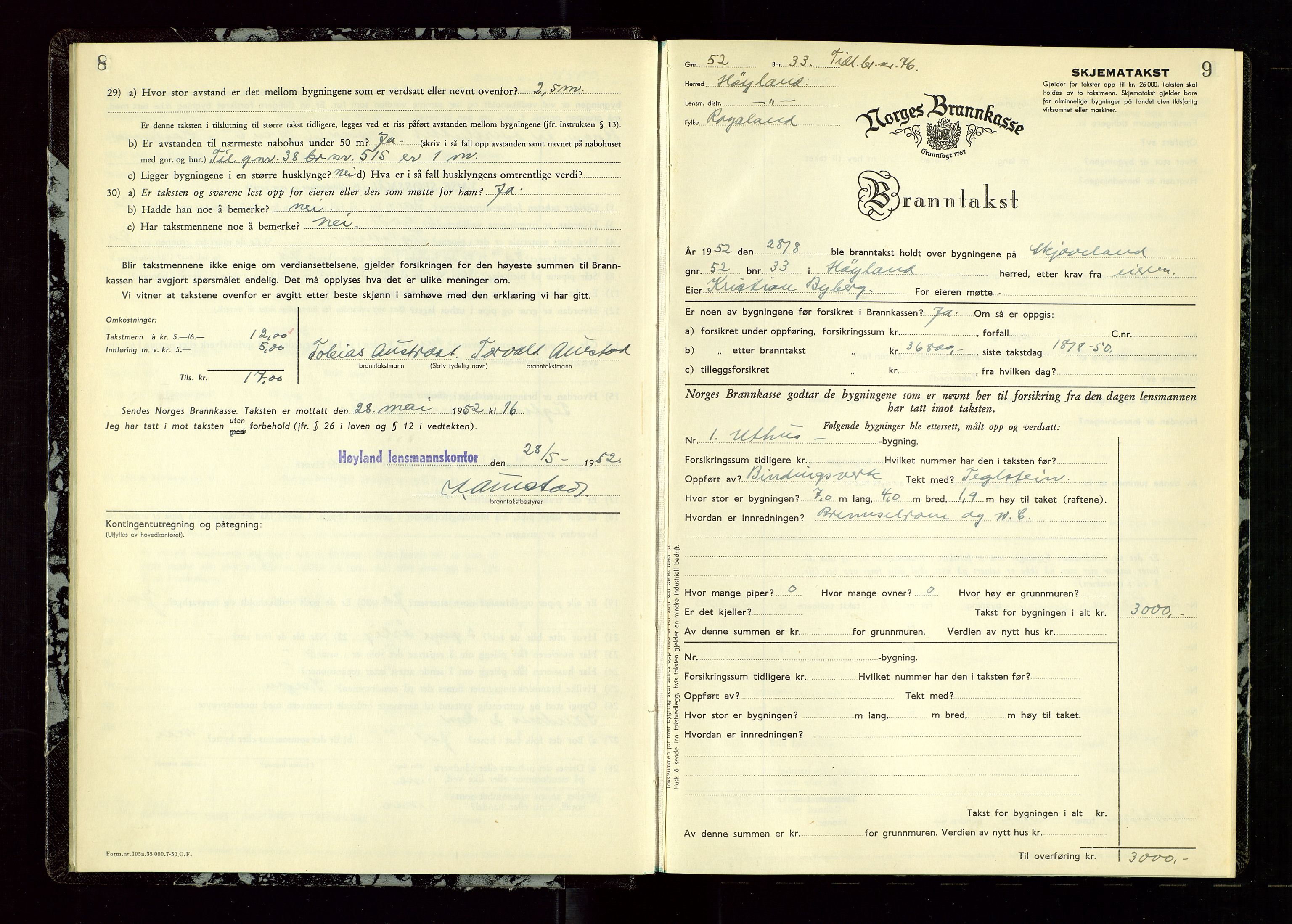 Høyland/Sandnes lensmannskontor, AV/SAST-A-100166/Gob/L0009: "Branntakstprotokoll", 1952-1955, p. 8-9