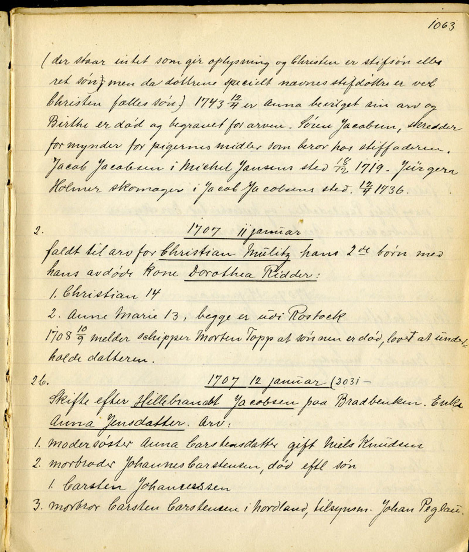 Sollied, Olaf og Thora - samlinger, SAB/SAB/DA-0401/01/L0010/0004: Skifte: Utdrag av skifteprotokoller / 95 Skifteprotokoller: utdrag, 1704-1720, p. 1063