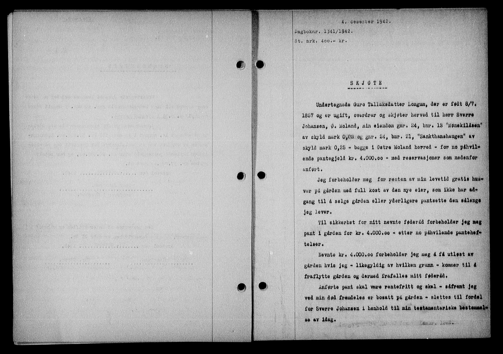 Nedenes sorenskriveri, SAK/1221-0006/G/Gb/Gba/L0050: Mortgage book no. A-IV, 1942-1943, Diary no: : 1341/1942
