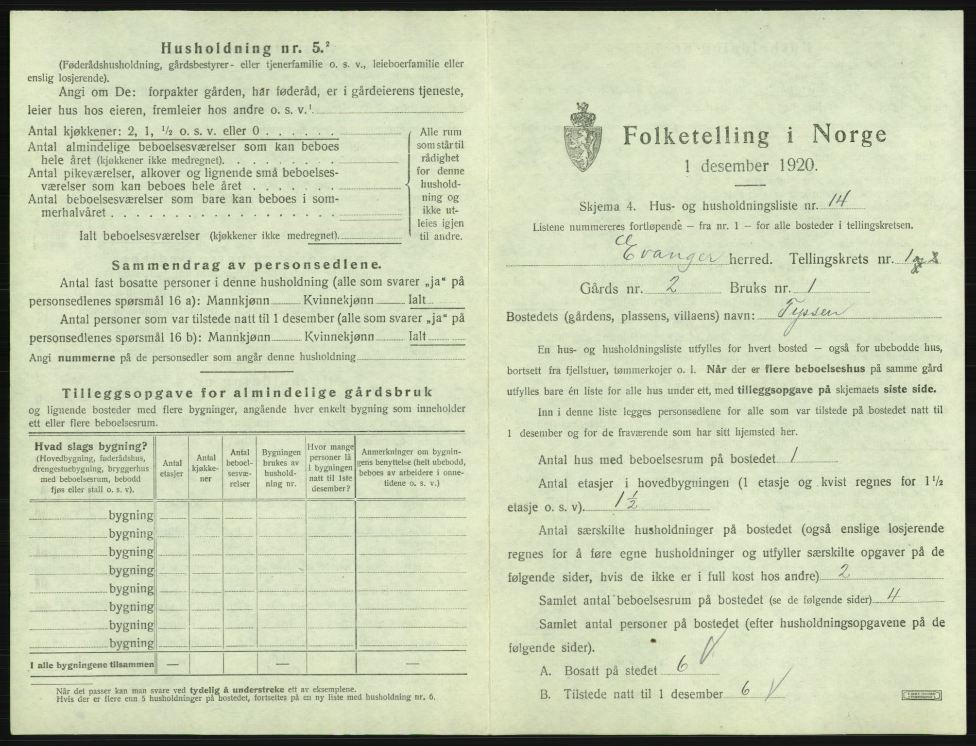 SAB, 1920 census for Evanger, 1920, p. 87