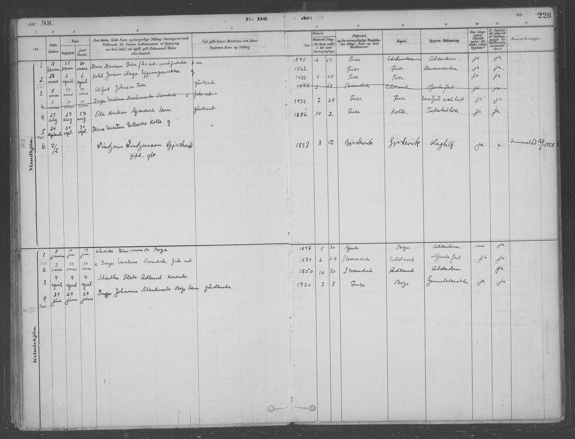 Fusa sokneprestembete, SAB/A-75401/H/Haa: Parish register (official) no. B 1, 1880-1938, p. 226