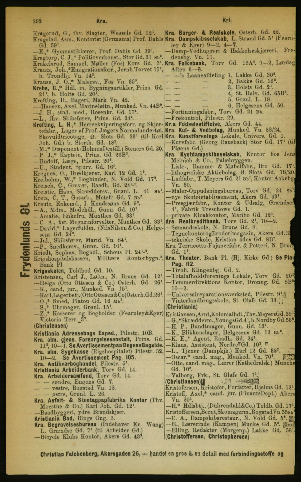 Kristiania/Oslo adressebok, PUBL/-, 1889, p. 292