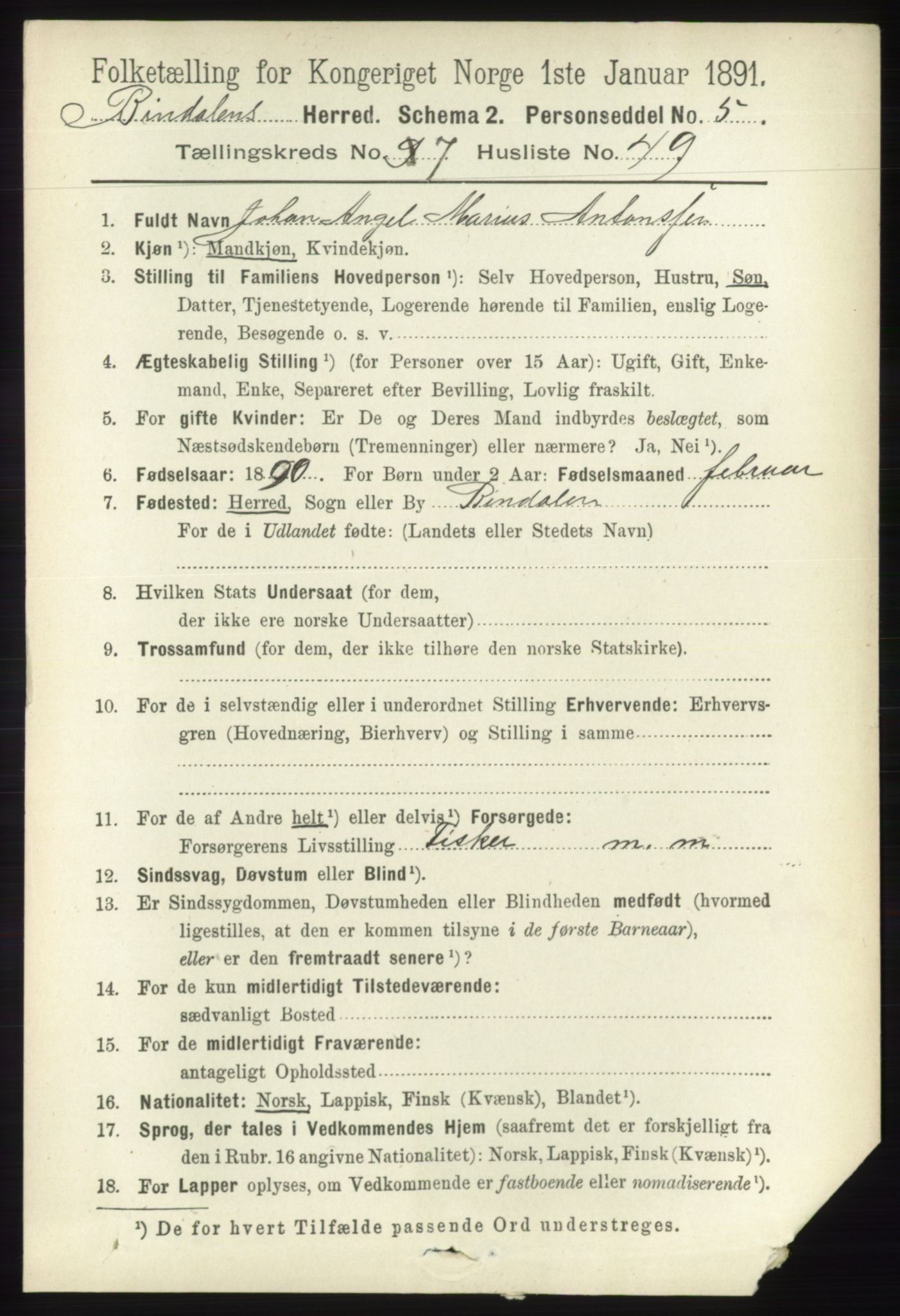 RA, 1891 census for 1811 Bindal, 1891, p. 2561