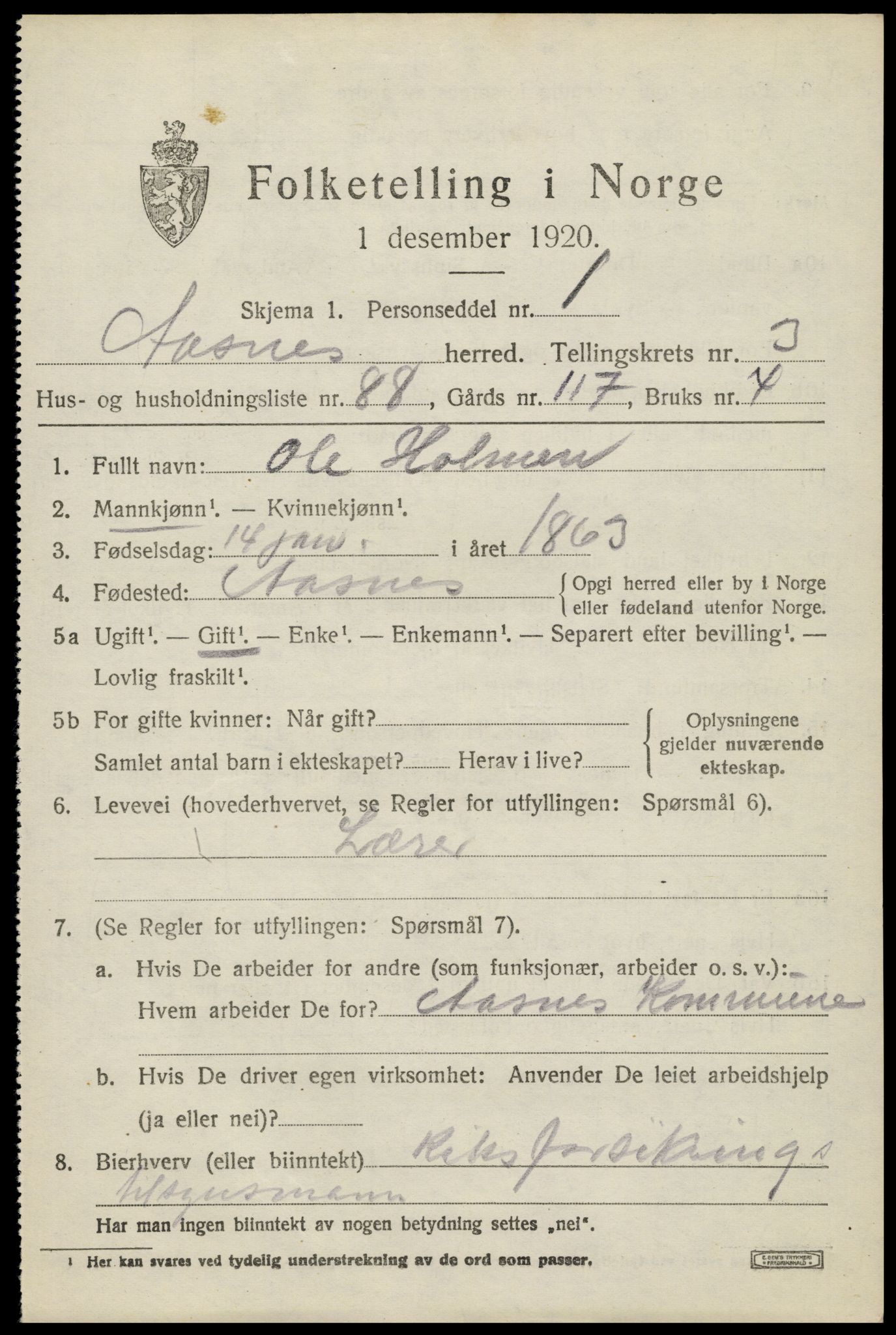 SAH, 1920 census for Åsnes, 1920, p. 4770