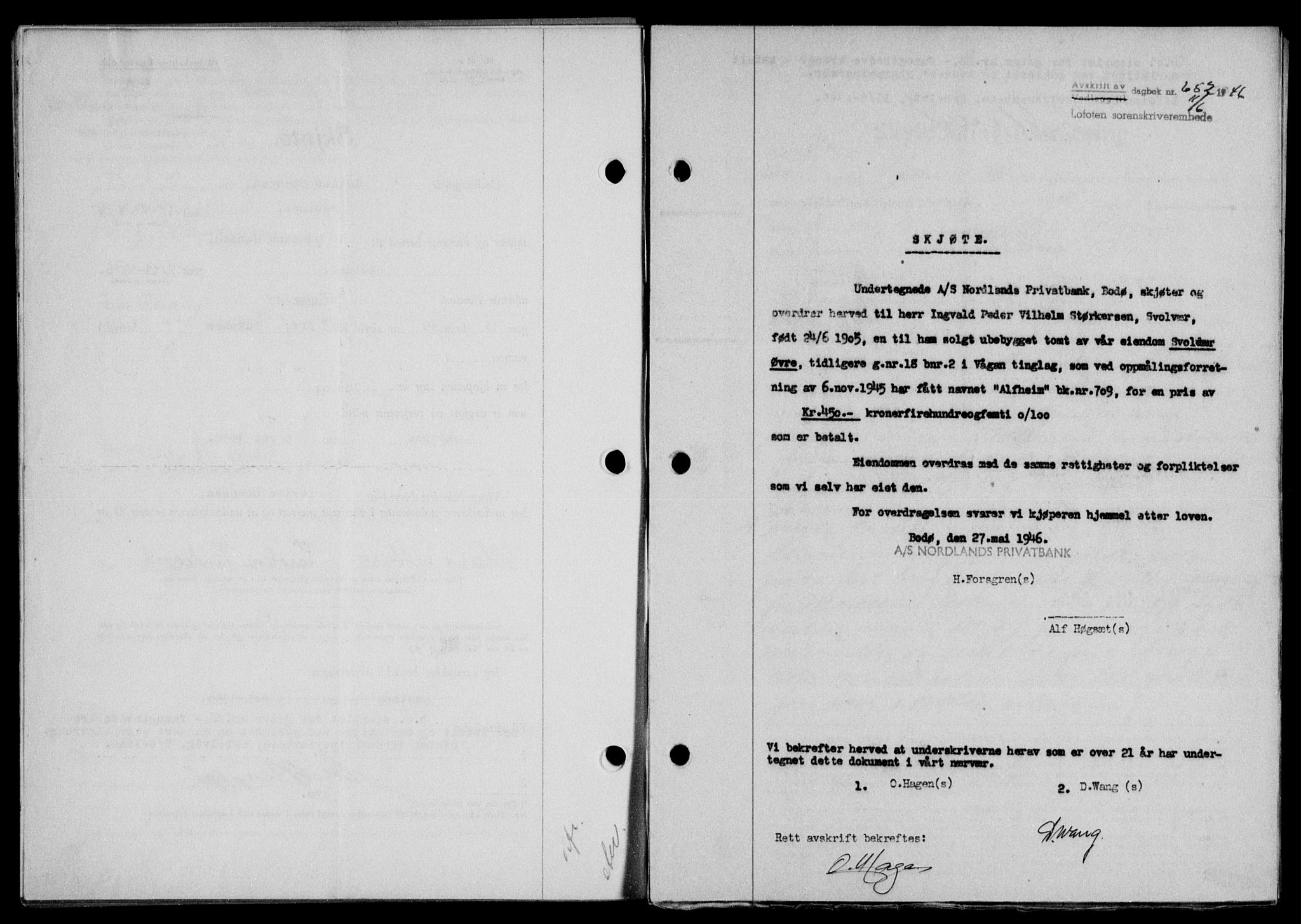 Lofoten sorenskriveri, SAT/A-0017/1/2/2C/L0014a: Mortgage book no. 14a, 1946-1946, Diary no: : 652/1946