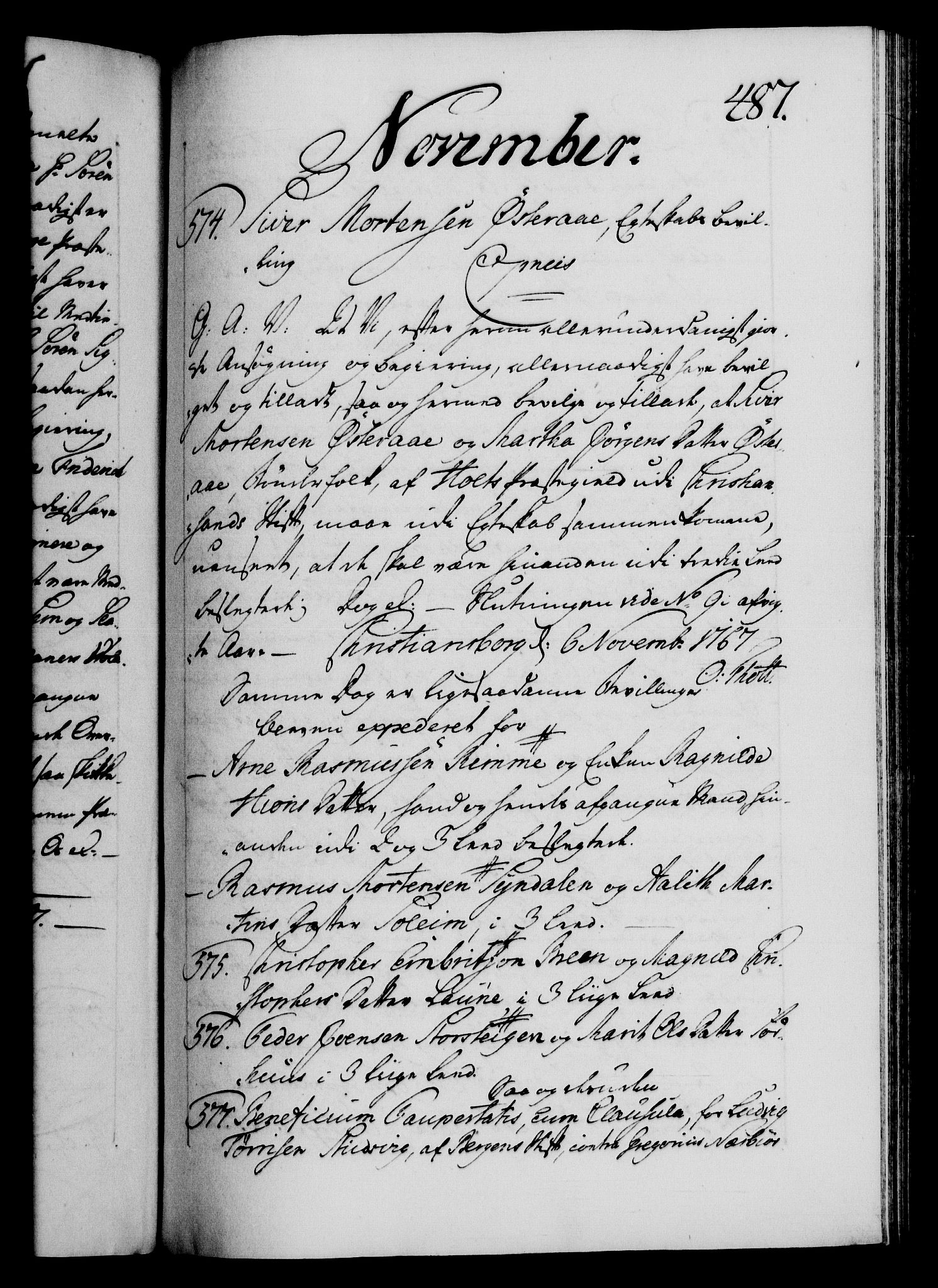 Danske Kanselli 1572-1799, AV/RA-EA-3023/F/Fc/Fca/Fcaa/L0043: Norske registre, 1766-1768, p. 487a