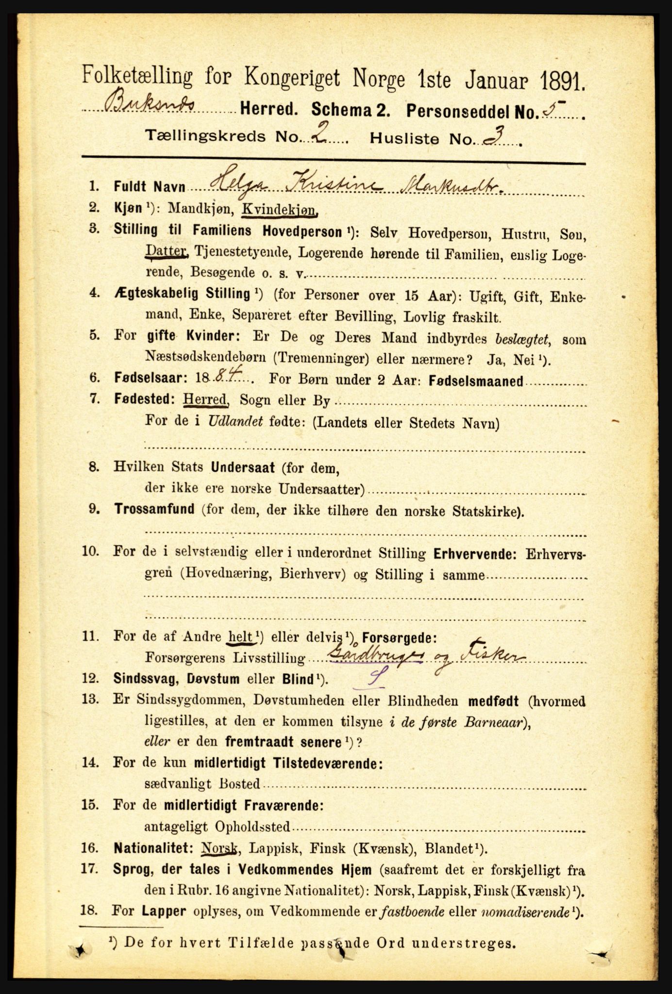 RA, 1891 census for 1860 Buksnes, 1891, p. 1618