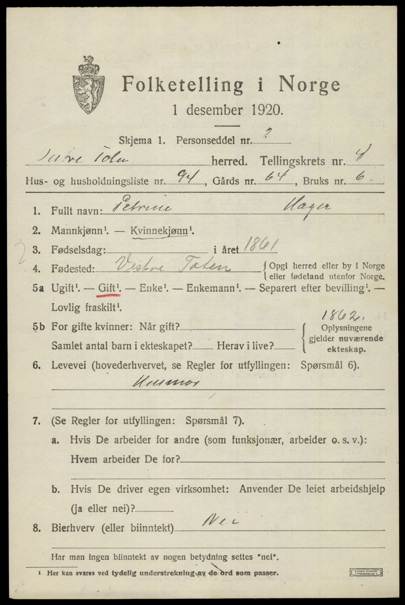 SAH, 1920 census for Vestre Toten, 1920, p. 7288