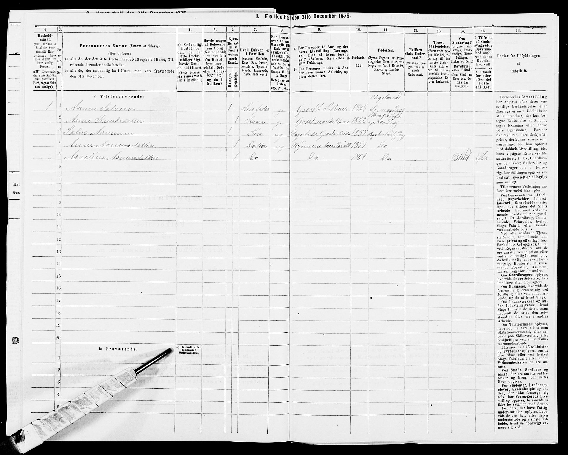 SAK, 1875 census for 1034P Hægebostad, 1875, p. 432