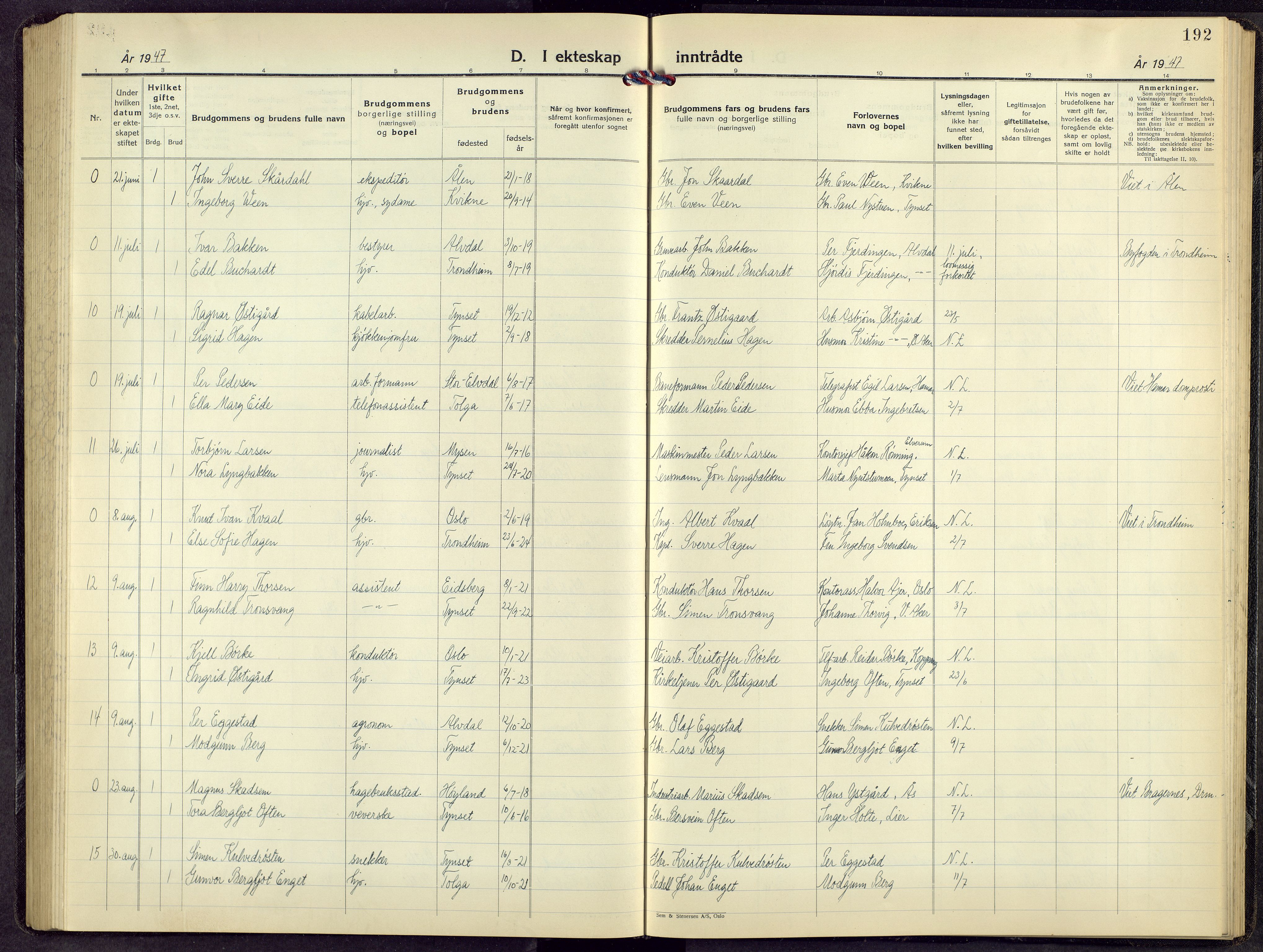 Tynset prestekontor, AV/SAH-PREST-058/H/Ha/Hab/L0014: Parish register (copy) no. 14, 1944-1960, p. 192