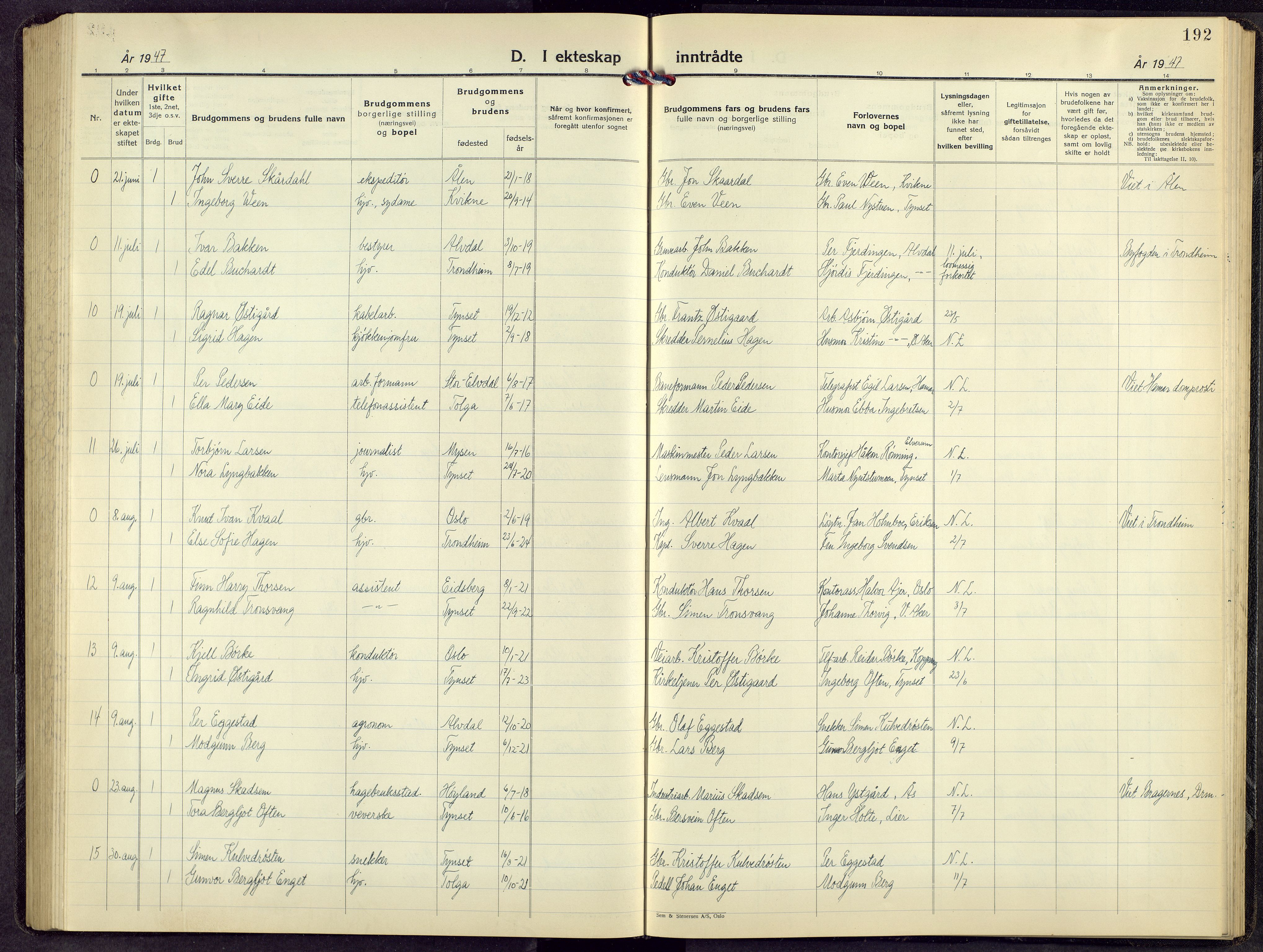 Tynset prestekontor, SAH/PREST-058/H/Ha/Hab/L0014: Parish register (copy) no. 14, 1944-1960, p. 192