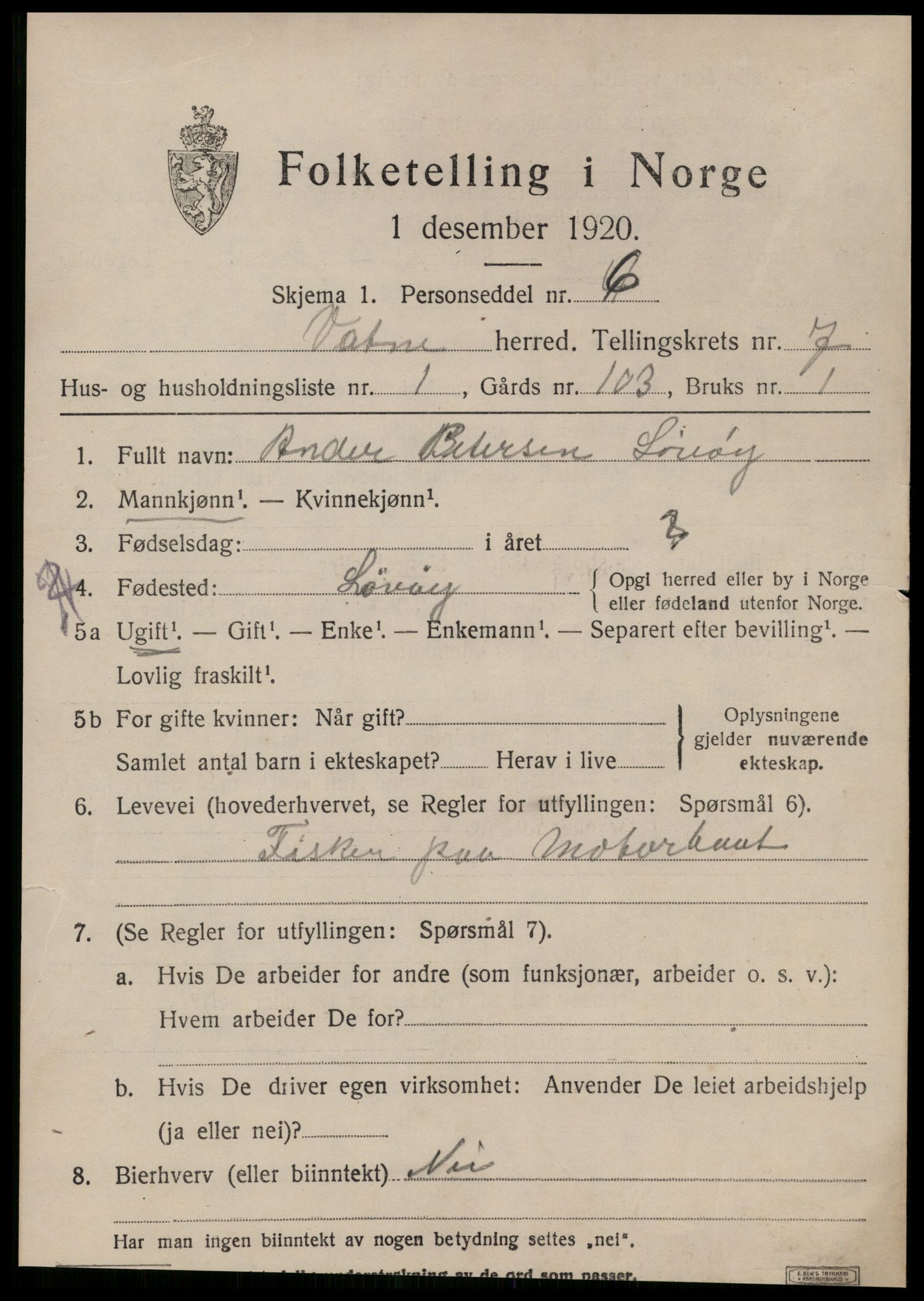 SAT, 1920 census for Vatne, 1920, p. 3134