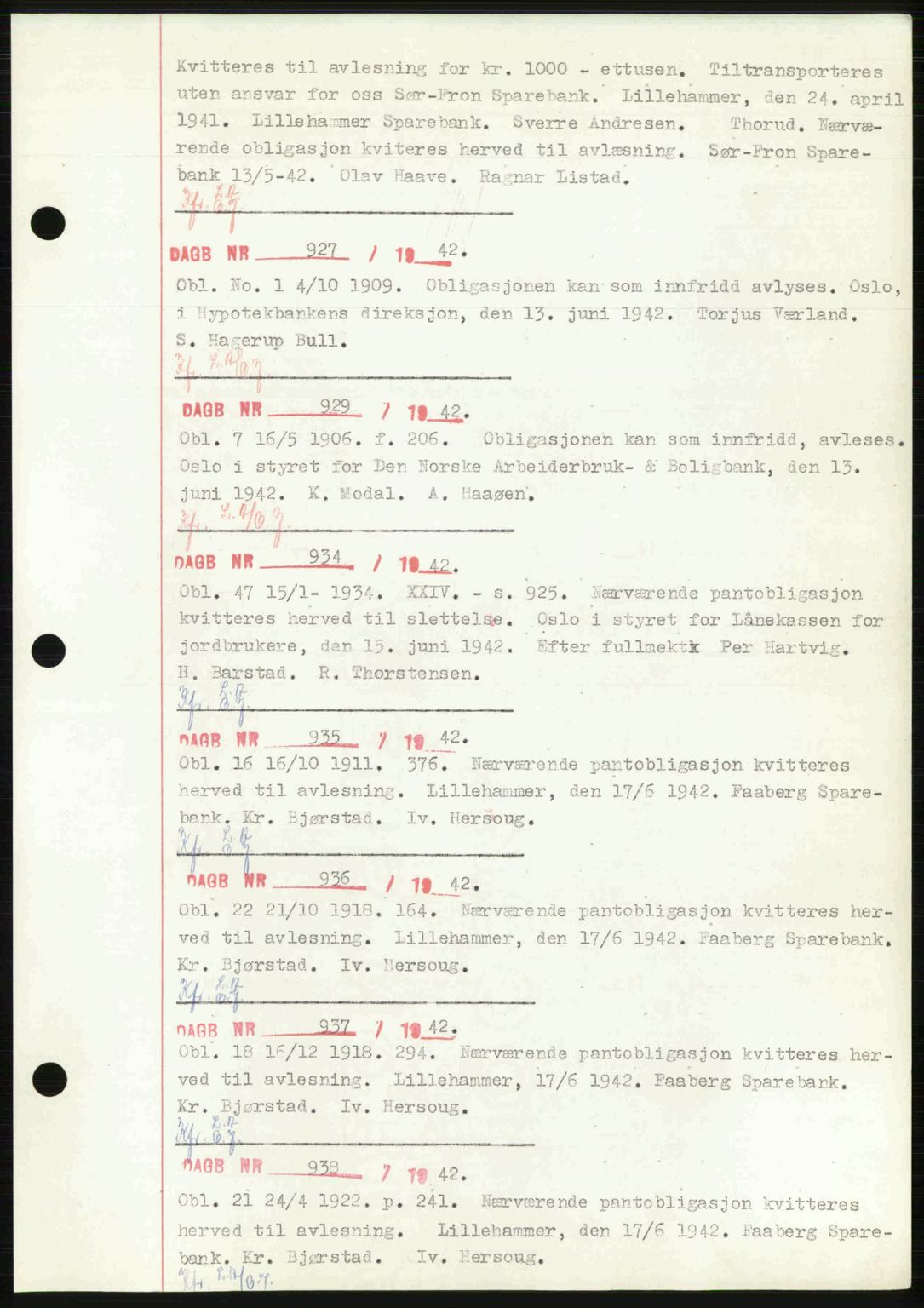 Sør-Gudbrandsdal tingrett, SAH/TING-004/H/Hb/Hbf/L0002: Mortgage book no. C1, 1938-1951, Diary no: : 927/1942