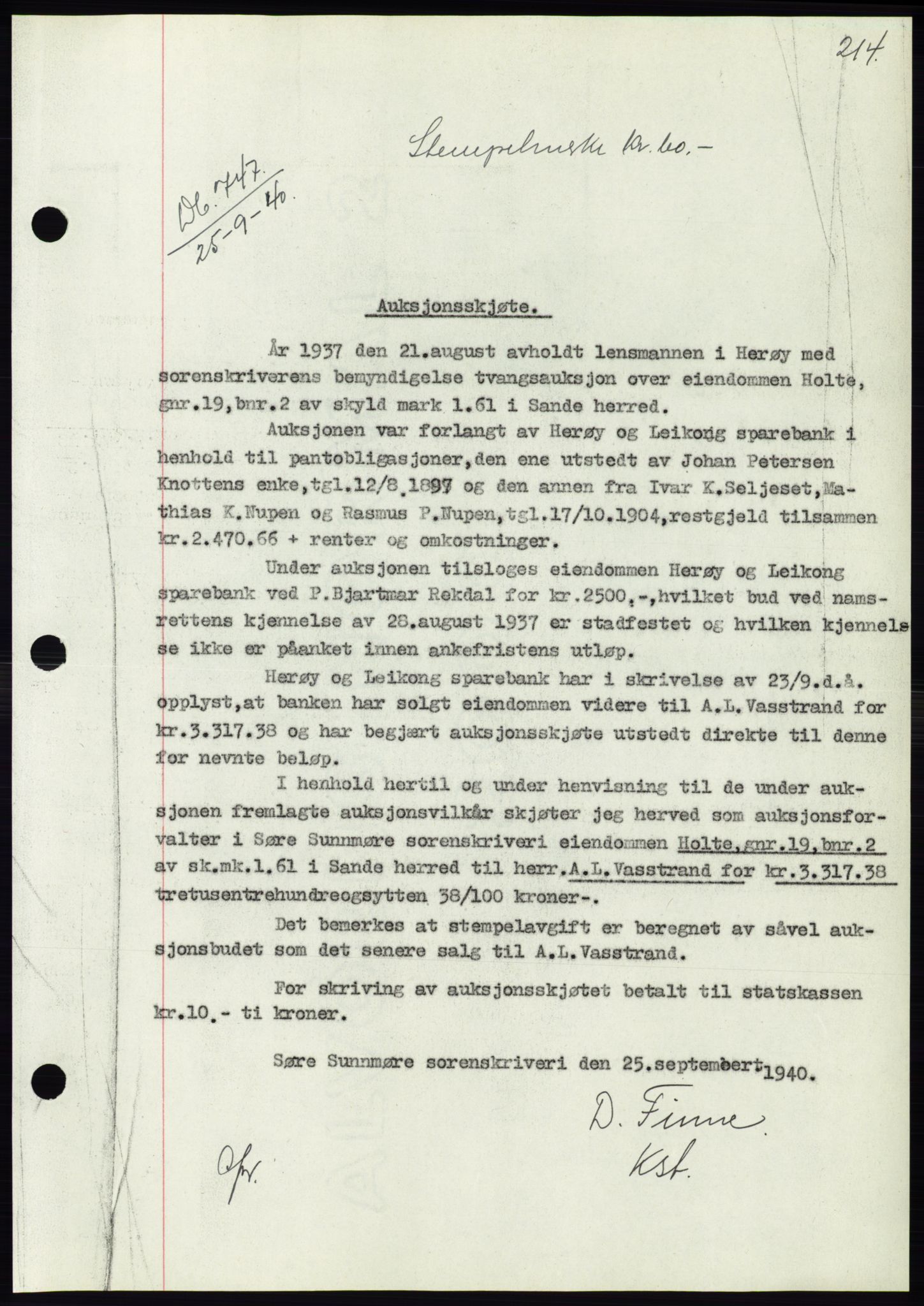 Søre Sunnmøre sorenskriveri, AV/SAT-A-4122/1/2/2C/L0070: Mortgage book no. 64, 1940-1941, Diary no: : 747/1940