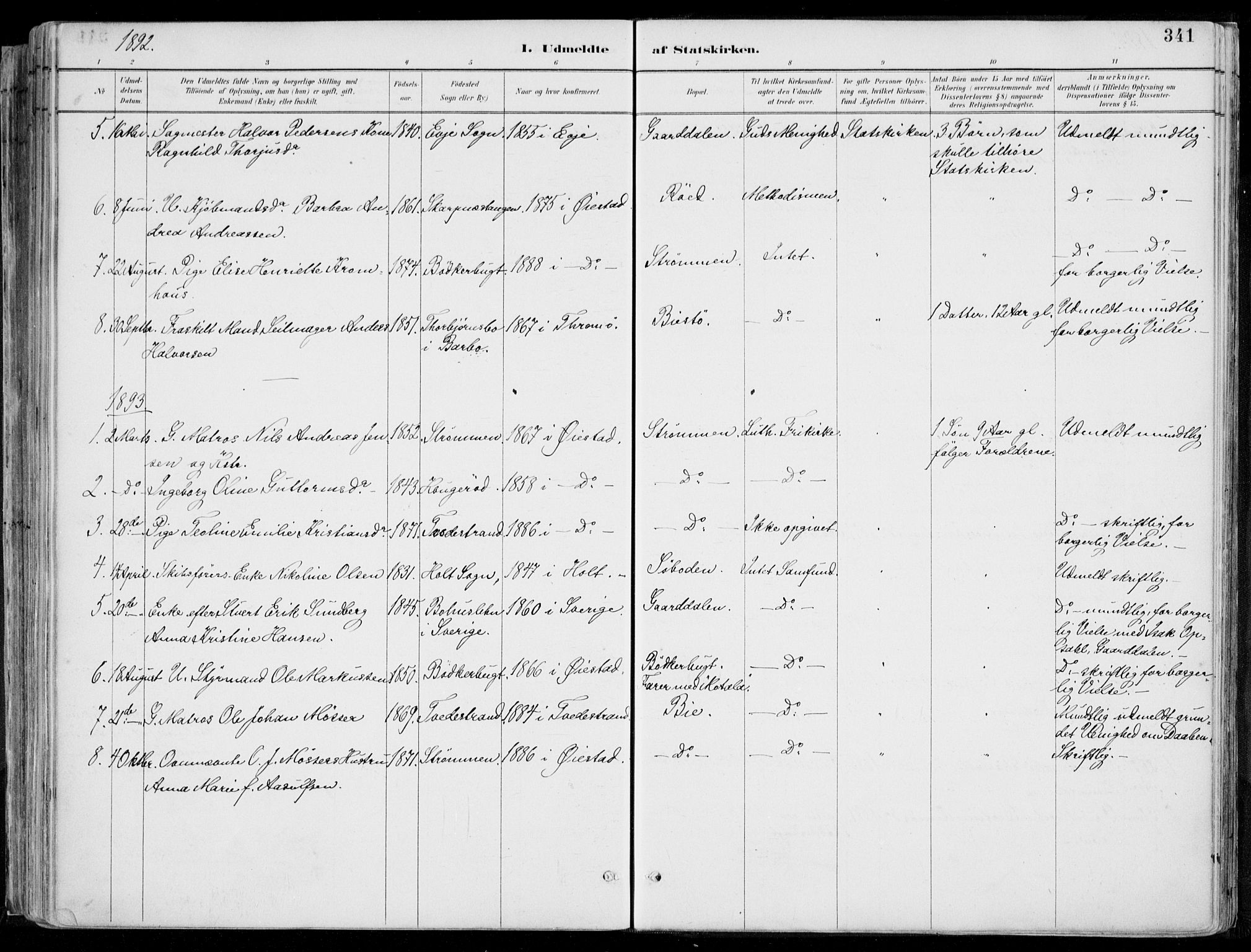 Øyestad sokneprestkontor, SAK/1111-0049/F/Fa/L0017: Parish register (official) no. A 17, 1887-1896, p. 341