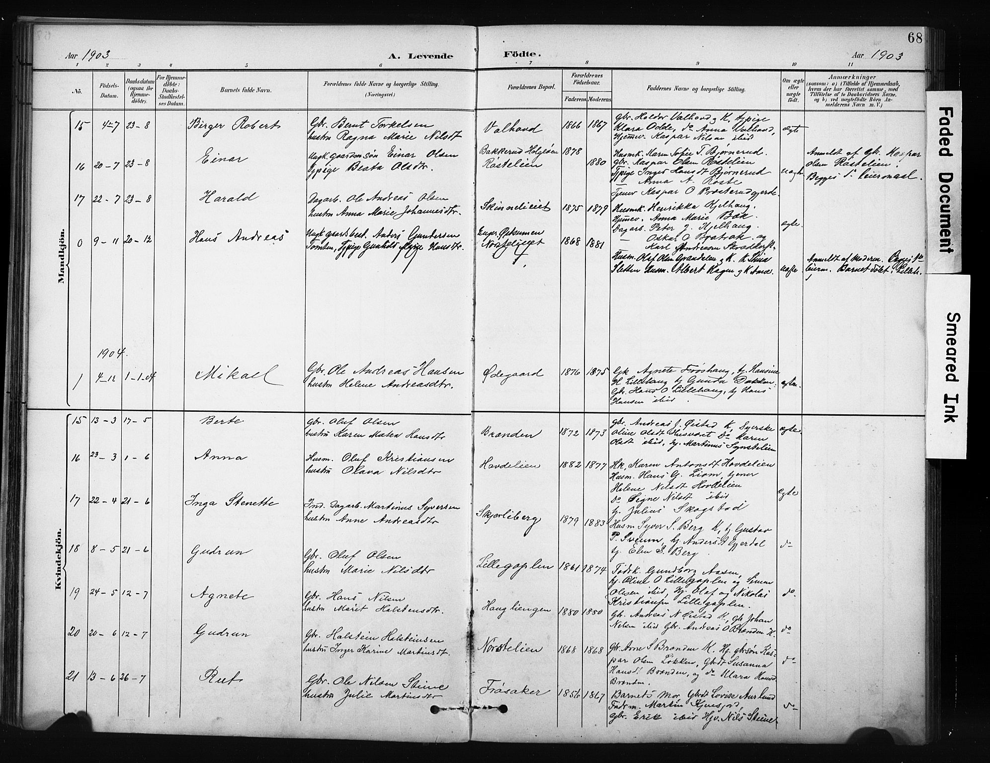 Nordre Land prestekontor, SAH/PREST-124/H/Ha/Hab/L0012: Parish register (copy) no. 12, 1891-1909, p. 68