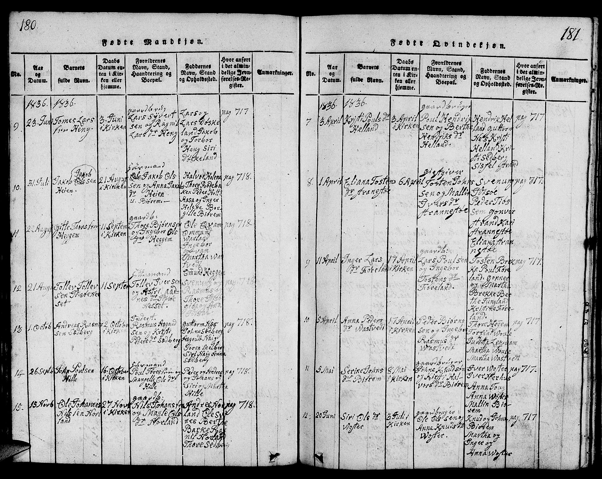 Strand sokneprestkontor, AV/SAST-A-101828/H/Ha/Hab/L0001: Parish register (copy) no. B 1, 1816-1854, p. 180-181