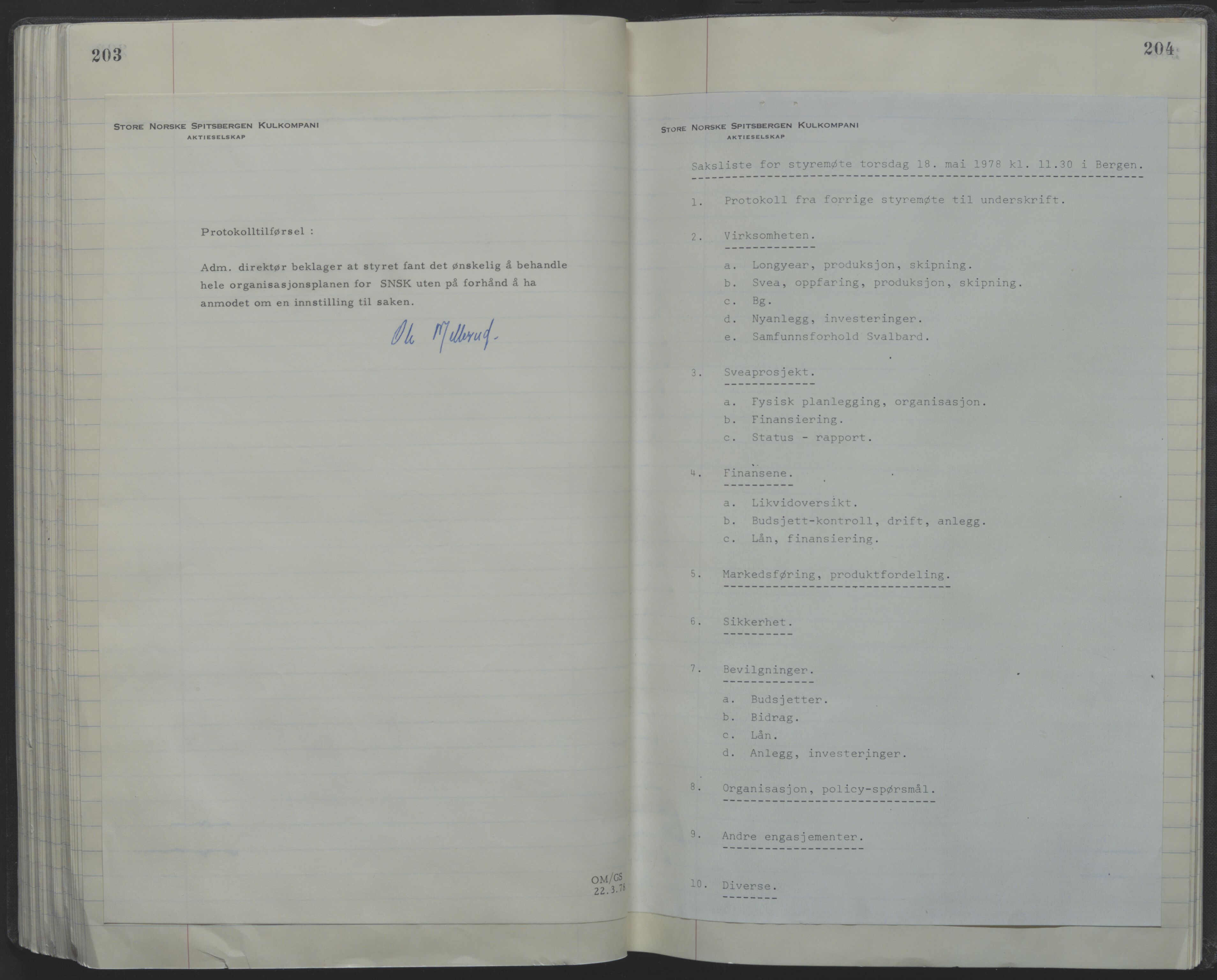 Store Norske Spitsbergen Kulkompani A/S, AV/SATØ-P-0073/09/A/Ab/Aba/L0001: Styreprotokoll 6, 1970-1979, p. 203-204