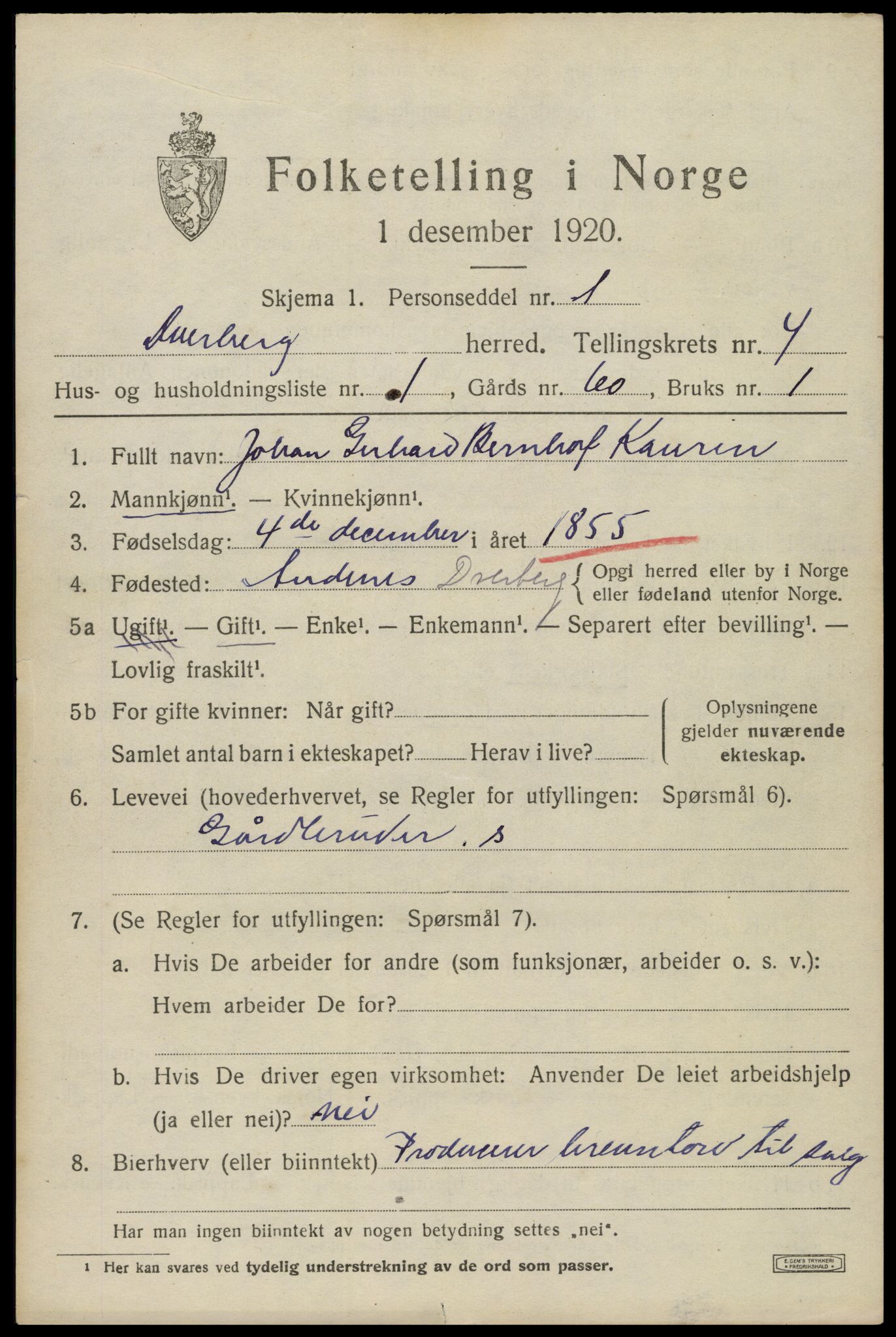 SAT, 1920 census for Dverberg, 1920, p. 5306