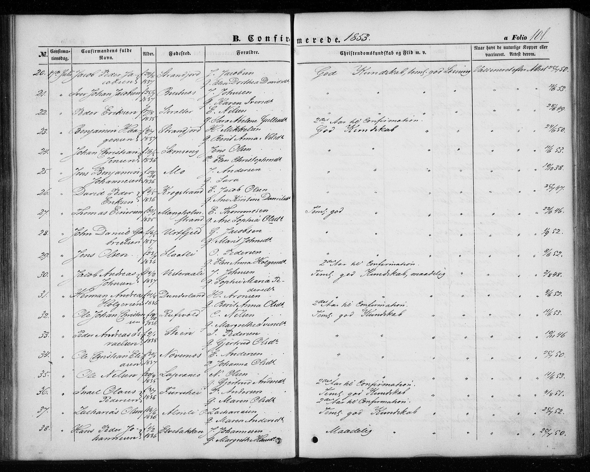 Ministerialprotokoller, klokkerbøker og fødselsregistre - Nordland, SAT/A-1459/827/L0392: Parish register (official) no. 827A04, 1853-1866, p. 101
