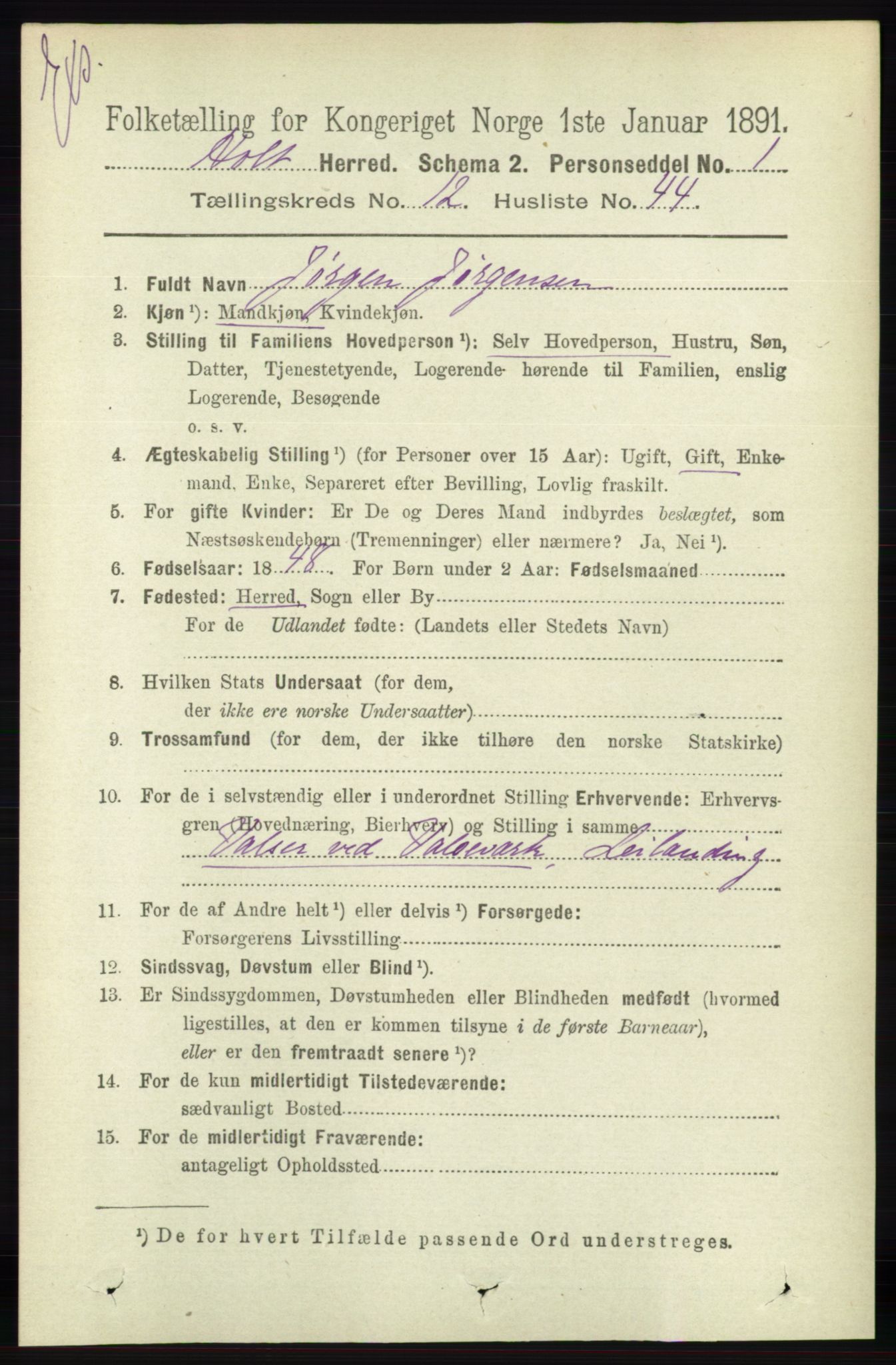 RA, Census 1891 for Nedenes amt: Gjenparter av personsedler for beslektede ektefeller, menn, 1891, p. 344