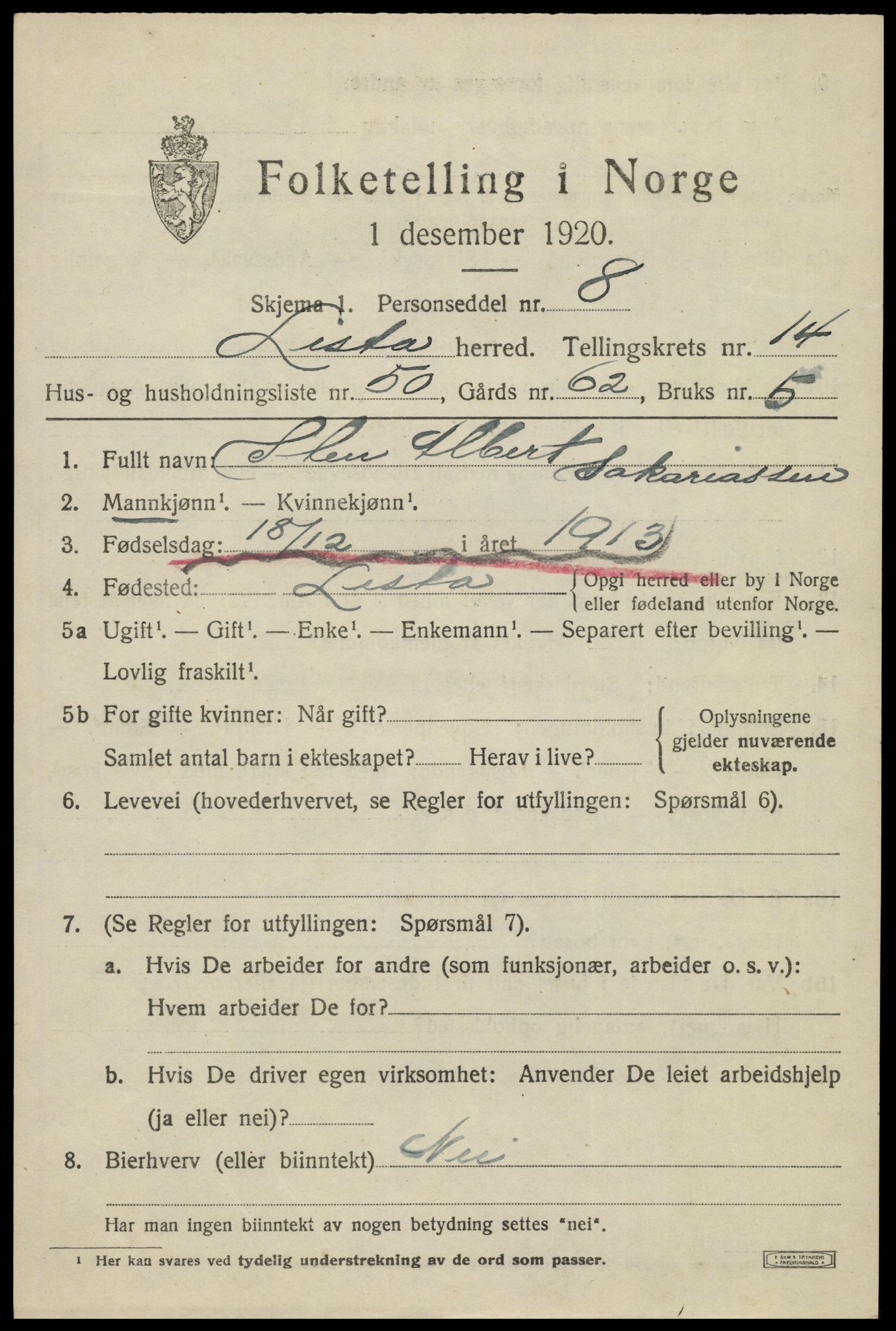 SAK, 1920 census for Lista, 1920, p. 12575