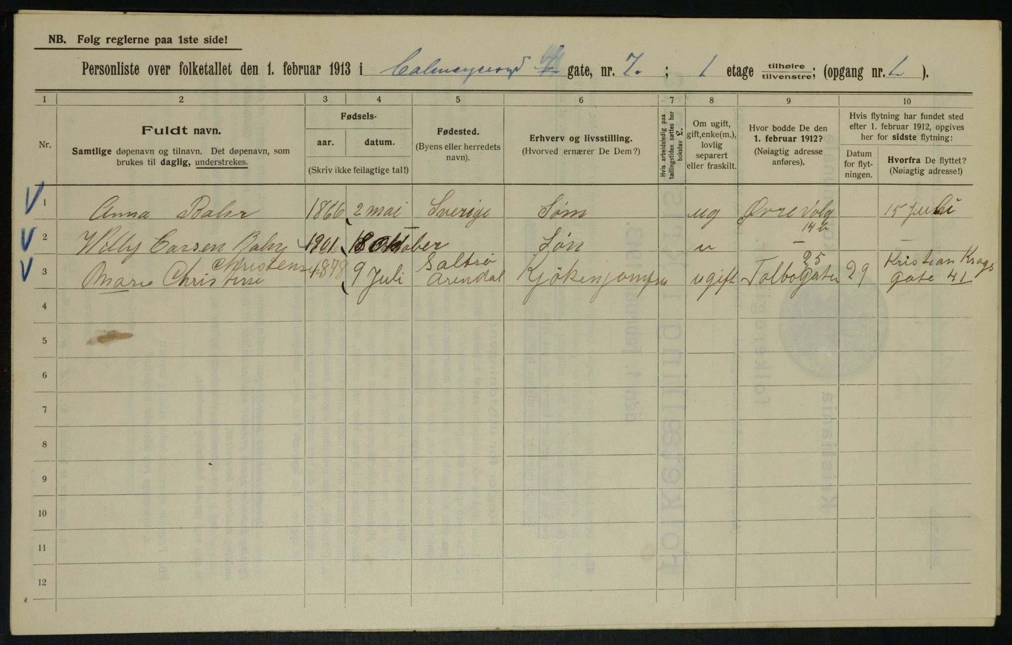 OBA, Municipal Census 1913 for Kristiania, 1913, p. 11415