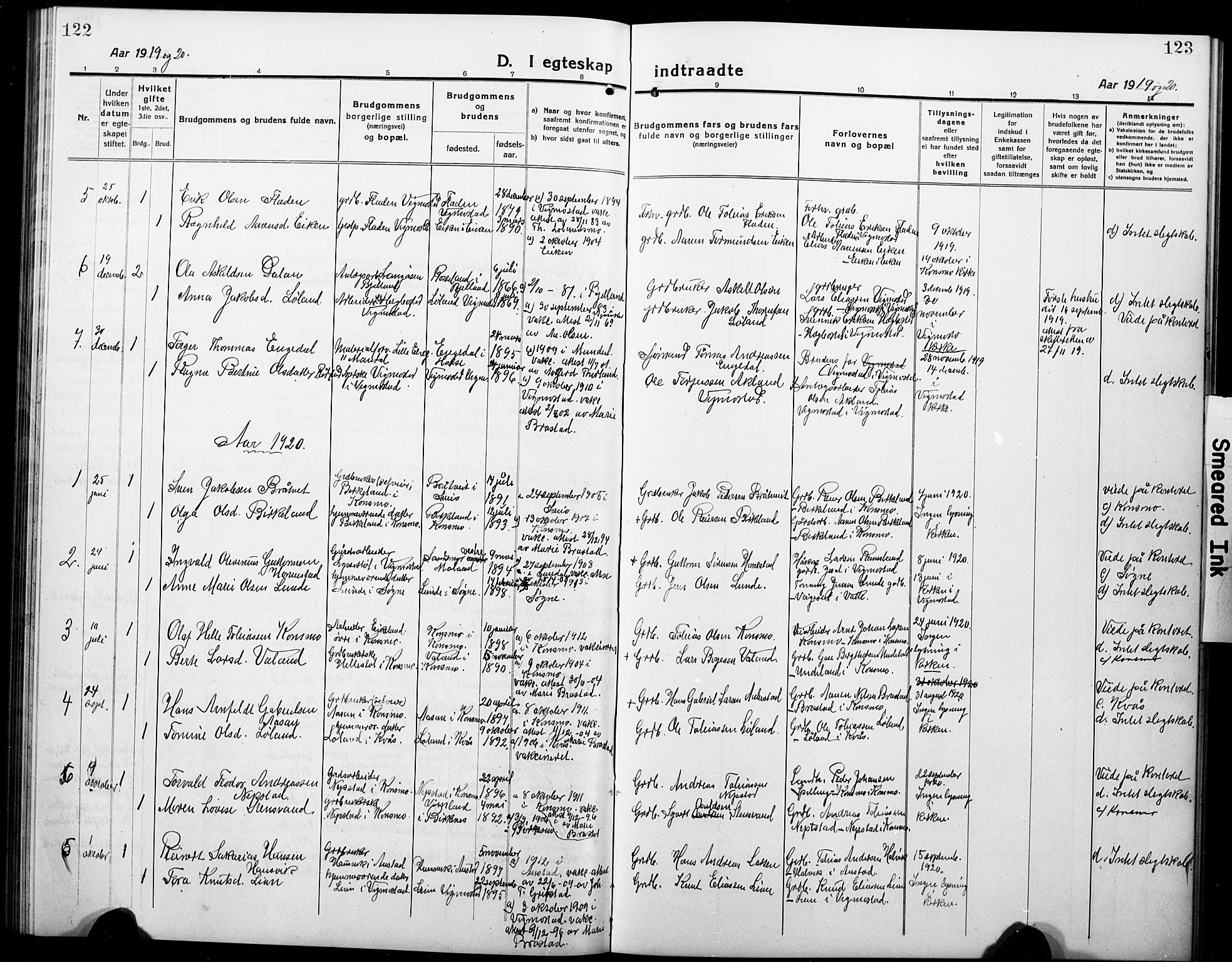 Nord-Audnedal sokneprestkontor, AV/SAK-1111-0032/F/Fb/Fbb/L0005: Parish register (copy) no. B 5, 1918-1929, p. 122-123