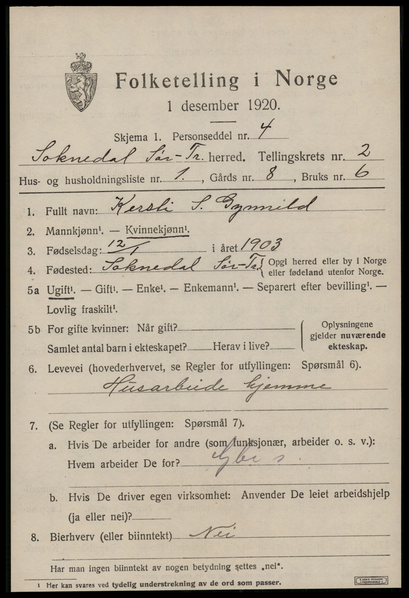 SAT, 1920 census for Soknedal, 1920, p. 1218