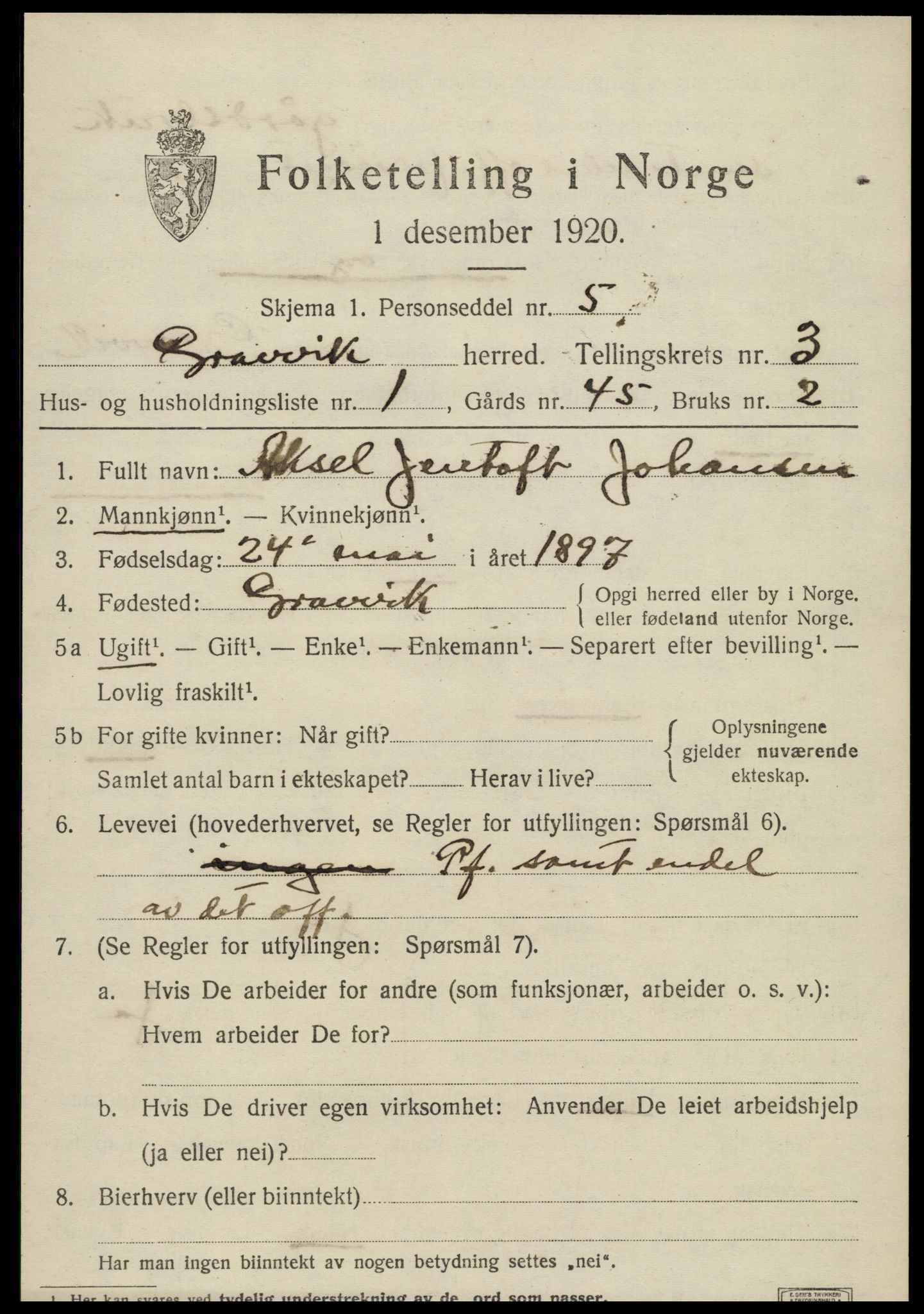 SAT, 1920 census for Gravvik, 1920, p. 1606