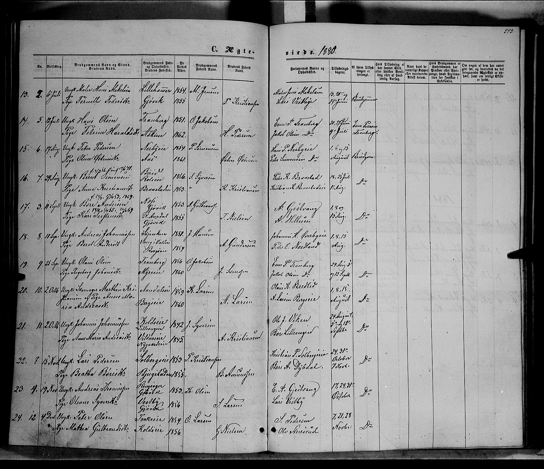 Vardal prestekontor, SAH/PREST-100/H/Ha/Hab/L0006: Parish register (copy) no. 6, 1869-1881, p. 272