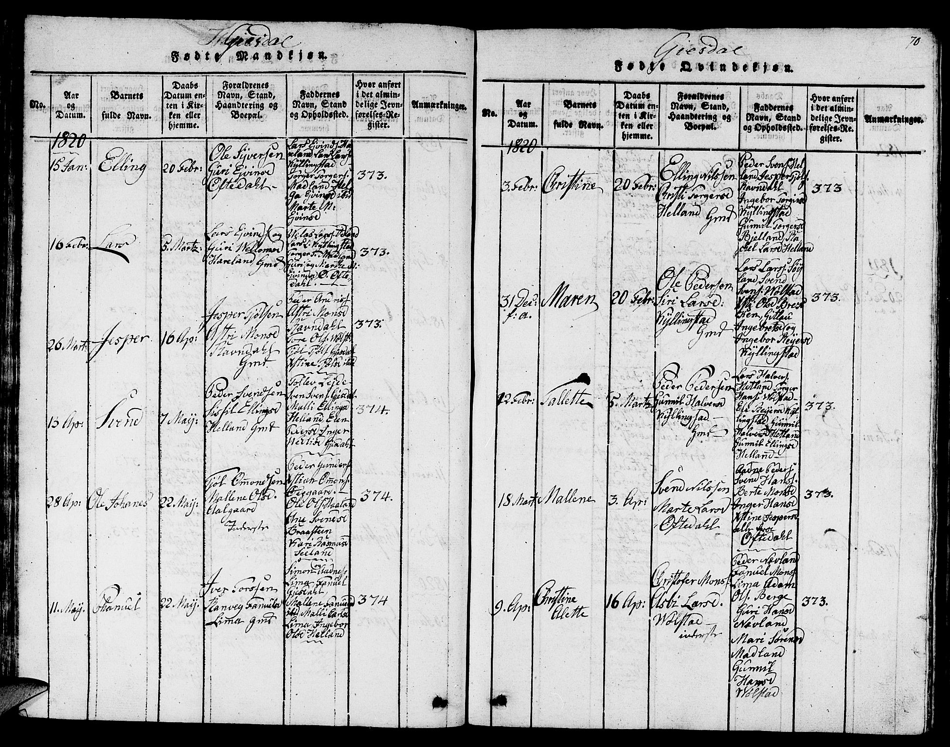 Lye sokneprestkontor, SAST/A-101794/001/30BB/L0001: Parish register (copy) no. B 1 /2, 1816-1826, p. 70