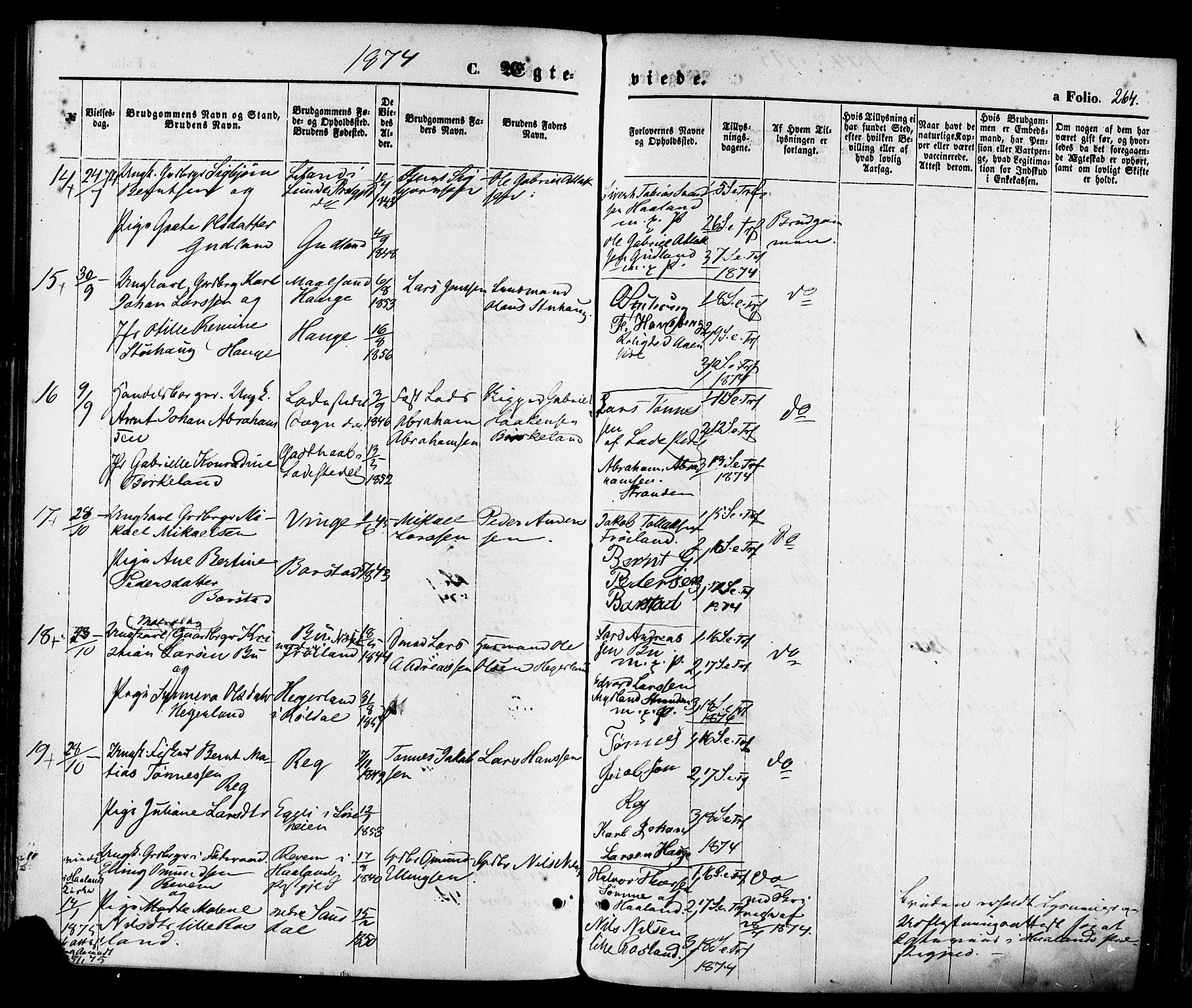 Sokndal sokneprestkontor, AV/SAST-A-101808: Parish register (official) no. A 10, 1874-1886, p. 264