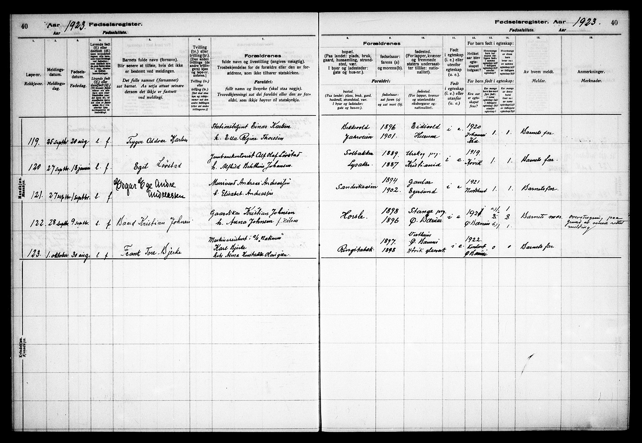Østre Bærum prestekontor Kirkebøker, AV/SAO-A-10887/J/Ja/L0002: Birth register no. 2, 1922-1928, p. 40