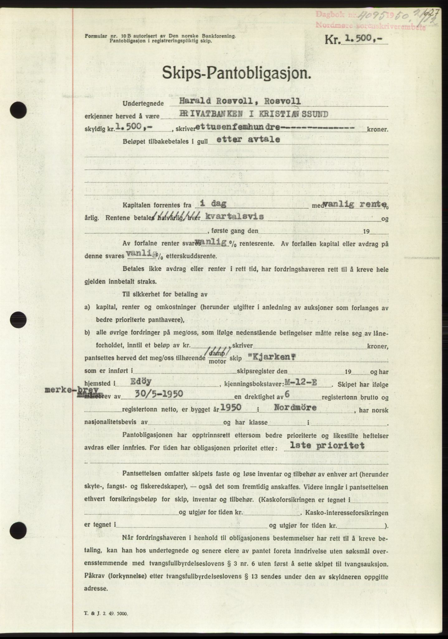 Nordmøre sorenskriveri, AV/SAT-A-4132/1/2/2Ca: Mortgage book no. B106, 1950-1950, Diary no: : 4095/1950