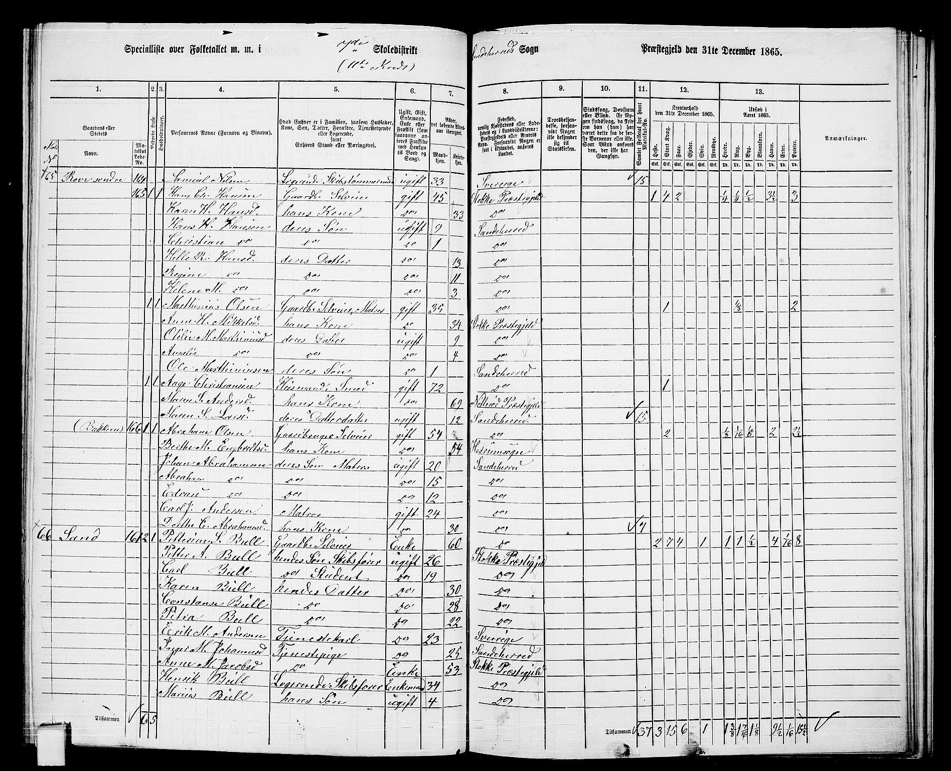 RA, 1865 census for Sandeherred/Sandeherred, 1865, p. 180