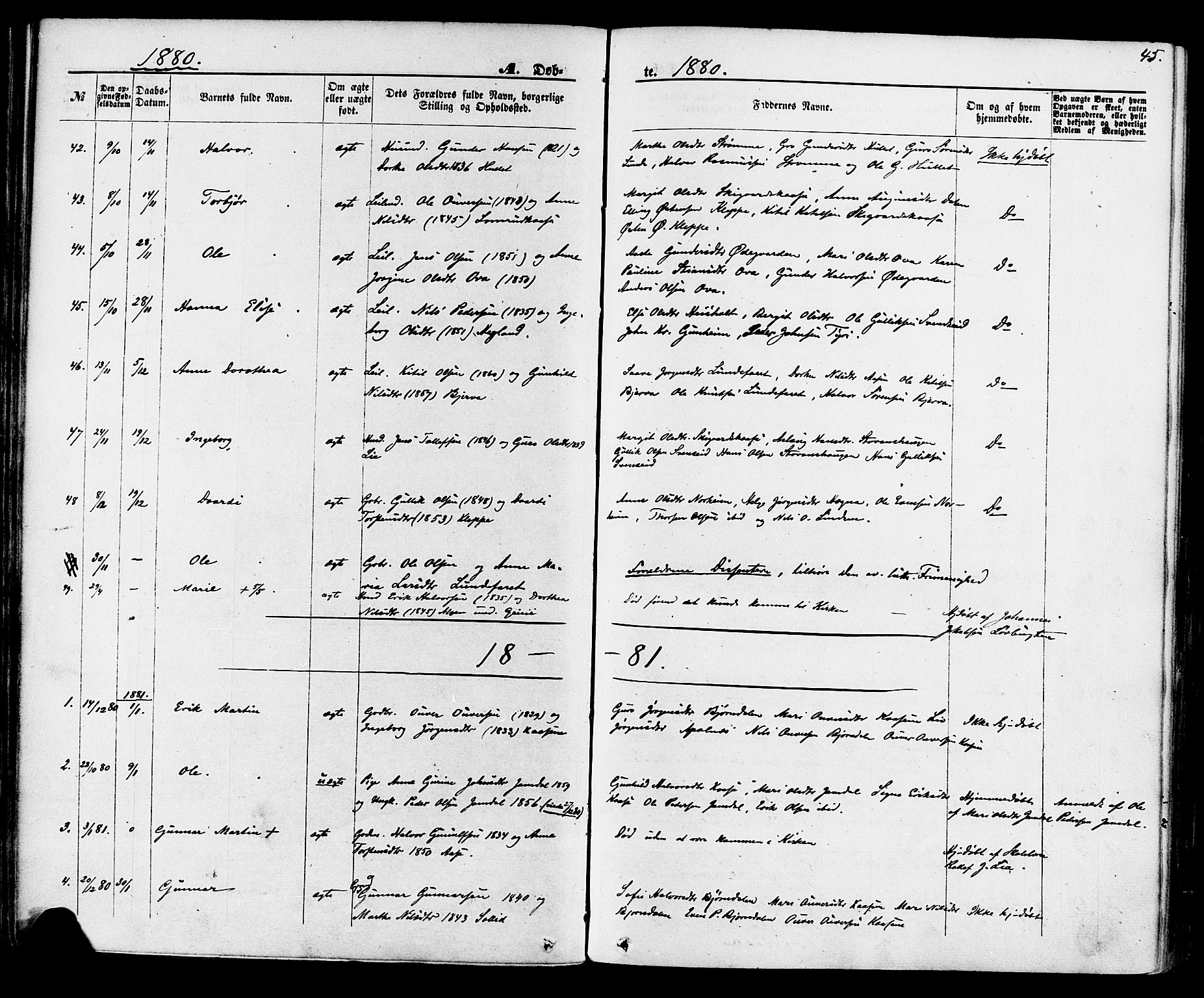 Lunde kirkebøker, SAKO/A-282/F/Fa/L0001: Parish register (official) no. I 1, 1866-1883, p. 45