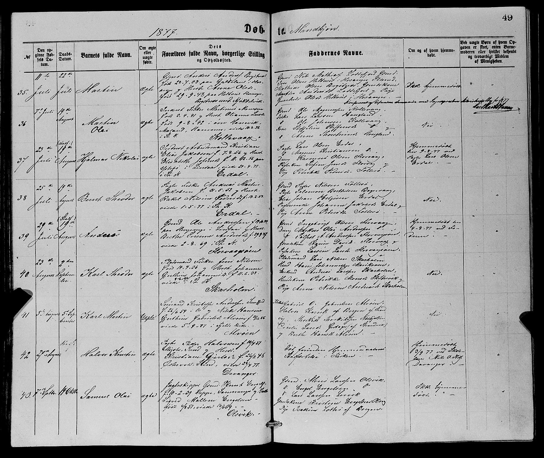 Askøy Sokneprestembete, AV/SAB-A-74101/H/Ha/Hab/Haba/L0007: Parish register (copy) no. A 7, 1871-1881, p. 49