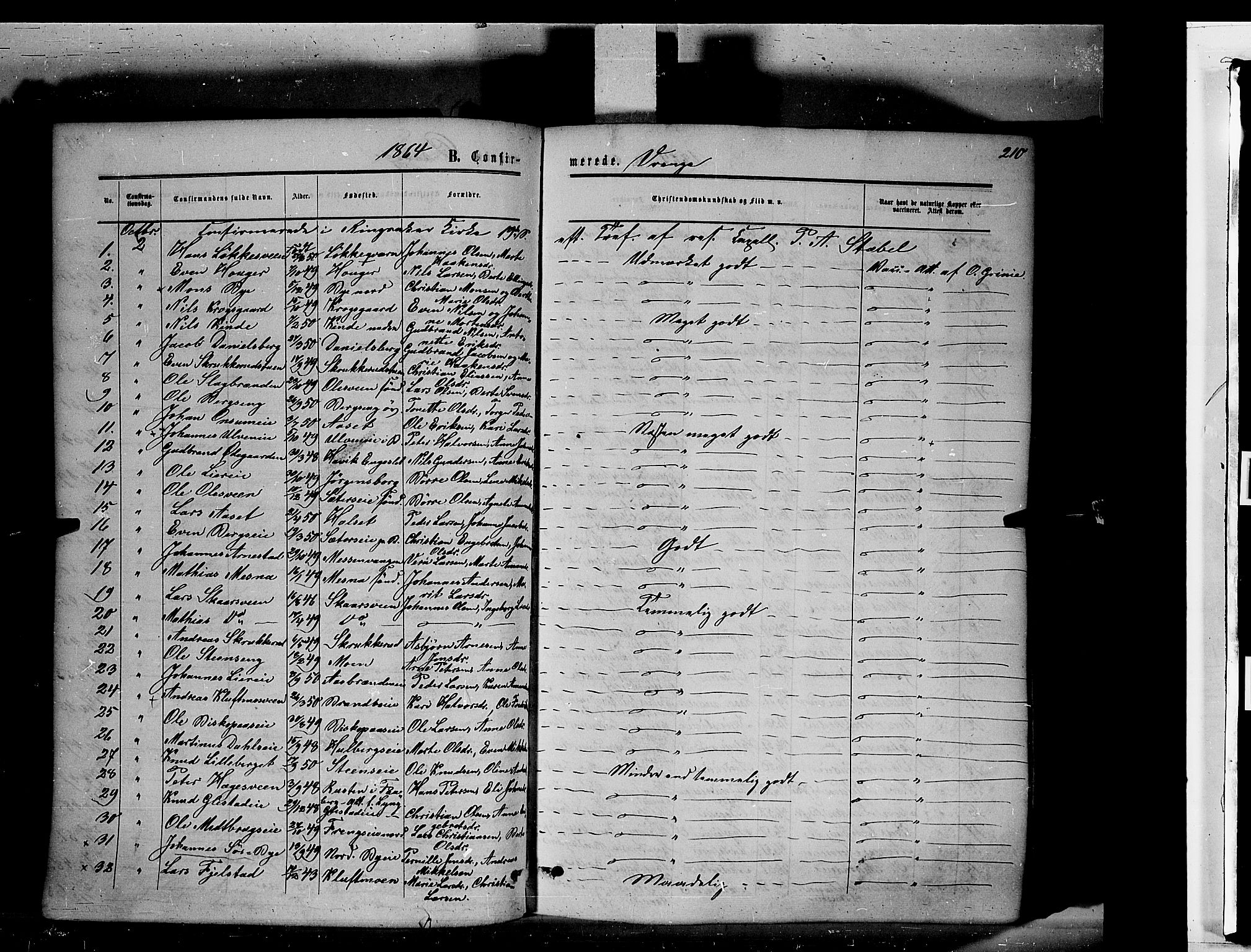 Ringsaker prestekontor, AV/SAH-PREST-014/K/Ka/L0010: Parish register (official) no. 10, 1861-1869, p. 210