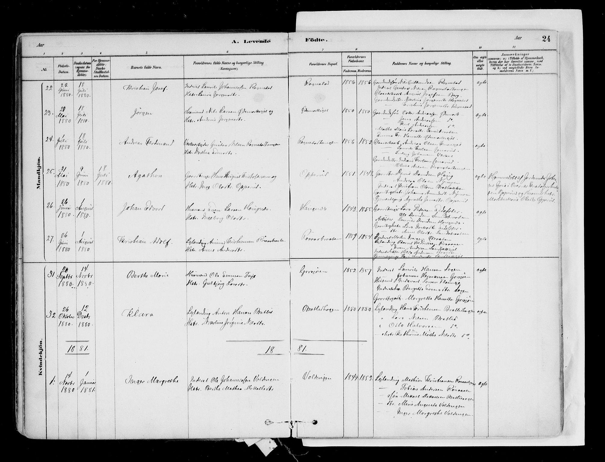 Hurdal prestekontor Kirkebøker, AV/SAO-A-10889/F/Fa/L0007: Parish register (official) no. I 7, 1878-1906, p. 24