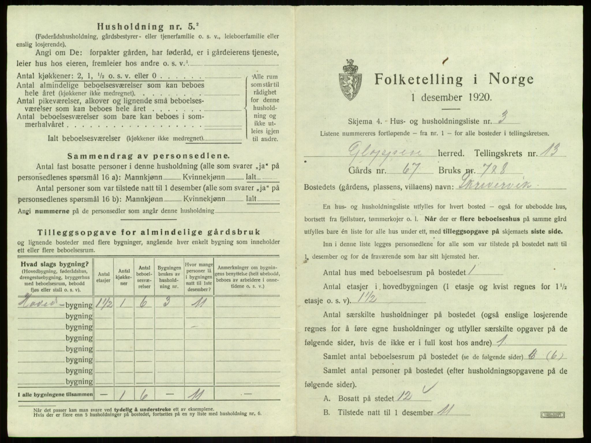 SAB, 1920 census for Gloppen, 1920, p. 837