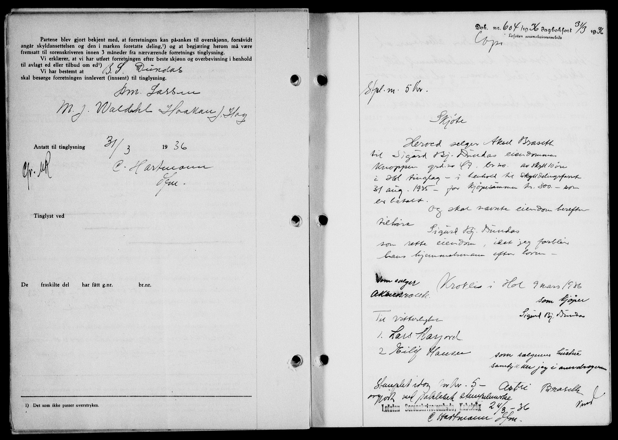 Lofoten sorenskriveri, SAT/A-0017/1/2/2C/L0033b: Mortgage book no. 33b, 1936-1936, Diary no: : 604/1936